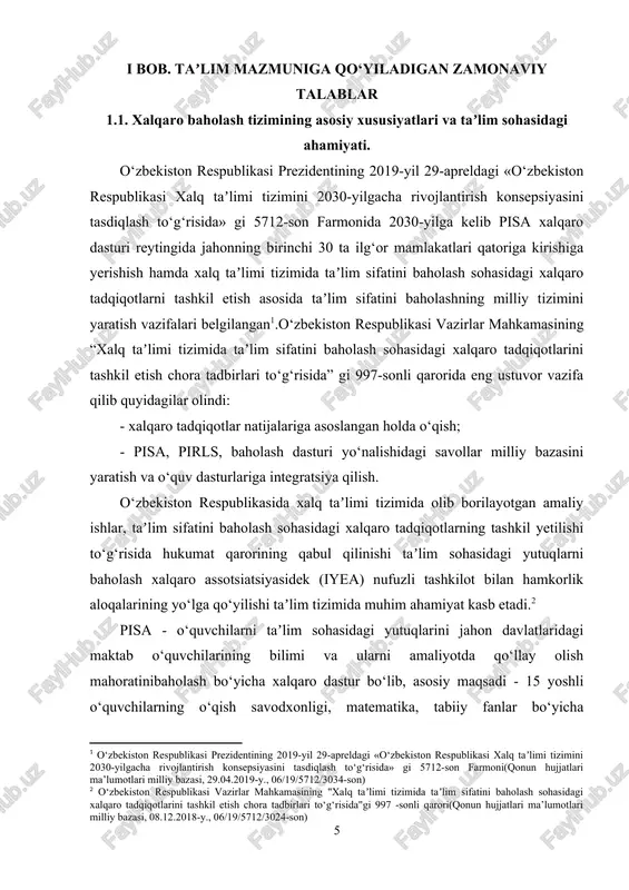 uch yilda bir marta o‘tkazib kelinadi. pisa dasturi taʼlim sohasidagi davlat siyosatiga taʼsir ko‘rsatib, har bir davlat o‘tkazgan tadqiqot natijalari asosida o‘zining taʼlim sohasidagi yutuq va kamchiliklarini aniqlab, boshqa davlatlarga nisbatan mavqyeini taqqoslaydi. taʼlim tizimini takomillashtirish va rivojlantirishda o‘z strategiyasini belgilab oladi. pirls (progress in international reading and literacy study) boshlang‟ich sinf o‘quvchilarining matnni o‘qib tushunish darajasini baholash bo‘yicha xalqaro tadqiqot dasturidir. pirls - tadqiqotida 50 dan ortiq davlatlar ishtirok yetib kelmoqda. mazkur xalqaro tadqiqotning maqsadi turli xil taʼlim tizimidan iborat bo‘lgan davlatlardagi boshlang‘ich maktab o‘quvchilarining matnni o‘qish va qabul qilish bo‘yicha tayyorgarligi hamda o‘quvchilarning har xil yutuqlarga yerishishga sabab bo‘luvchi taʼlim tizimidagi o‘ziga xos xususiyatlarni aniqlash va baholashdan iborat. pirls dasturi 2001-yilda taʼlim sohasidagi yutuqlarni baholash xalqaro assotsiatsiyasi tomonidan tashkil etilgan. har besh yilda o‘tkaziladigan pirls dasturi 4-sinf o‘quvchilarining o‘qish savodxonligini xalqaro darajada baholaydi. o‘qish savodxonligi o‘quvchilarning ilmiy va shaxsiy muvaffaqiyatini o‘sishi uchun asos bo‘lib xizmat qiladi. so‘nggi yillarda …