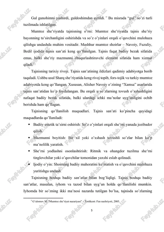 ohimni yuvgay, gul gunohni kech, ey gul, jonim o’zingdan bo’lgay.” tajnis xayoliy: shoirning tasavvurida mavjud bo’lgan yoki sheʼrning maʼno qatlamlariga chuqur maʼno yuklashga xizmat qiladi. bu o’quvchini o’ziga xos ravishda fikrlashga undaydi. tajnisning mumtoz sheʼriyatdagi ahamiyati. tajnis sanʼati mumtoz sheʼriyatda shoirning sheʼriy isteʼdodini ko’rsatish vositasi bo’lib, uning badiiy obrazlar yaratishdagi yuksak mahoratini aks ettiradi. xususan, alisher navoiy, fuzuliy va bedil kabi shoirlar ijodida tajnis sanʼati o’zining yetuk namunalarini namoyon etgan. bu sanʼatni o’rganish orqali nafaqat mumtoz sheʼriyatning badiiy imkoniyatlari, balki sheʼrda so’z o’yinlari orqali yaratilgan maʼno chuqurligi ham anglanadi. 1.3 mumtoz sheʼriyatda tajnisning qo’llanilishi. mumtoz sheʼriyat badiiy sanʼatlarning boy xazinasi bo’lib, tajnis ushbu xazinaning yorqin unsurlaridan biridir. mumtoz shoirlar tajnisdan so’z o’yinlari orqali badiiy-estetik taʼsirni oshirish, asarning mazmunini chuqurlashtirish va o’quvchini hayratga solish uchun keng foydalanishgan. bu sanʼat sheʼrda nafaqat o’ziga xos badiiy bezak, balki sheʼrning mazmun va mohiyatini yanada boyitadigan vosita bo’lib xizmat qilgan. mumtoz sheʼriyatda tajnisning o’ziga xosligi: …