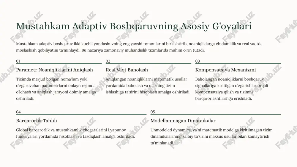 barqarorlik tahlili va matematik isbotlar asosida qurilgan qat'iy nazariy baza mavjud. amaliy qo'llanmalar aviatsiya, robototexnika, avtomobil sanoati va energetika sohalarida keng miqyosda tatbiq etilmoqda. kelajak istiqbollari sun'iy intellekt va mashina o'rganish bilan integratsiya orqali yanada kuchli va universal tizimlar yaratilmoqda. "mustahkam adaptiv boshqaruv innovatsion texnologiyalar rivojida muhim rol o'ynaydi va kelajak uchun ulkan imkoniyatlar yaratadi. bu nazariya nazariy asoslar va amaliy qo'llanmalar uyg'unligining ajoyib namunasidir." biz savollar va munozara uchun ochiqmiz. ushbu mavzu bo'yicha qo'shimcha ma'lumotlar olish yoki amaliy loyihalar bo'yicha hamkorlik qilish istagi bo'lsa, murojaat qilishingiz mumkin. 10 foydalanilgan adabiyotlar asosiy manbalar ioannou, p. a., & sun, j. (1996). robust adaptive control. prentice hall. slotine, j. j., & li, w. (1991). applied nonlinear control. prentice hall. åström, k. j., & wittenmark, b. (2013). adaptive control. dover publications. narendra, k. s., & annaswamy, a. m. (2012). stable adaptive systems. dover publications. khalil, h. k. (2002). nonlinear systems. prentice hall. qo'shimcha …