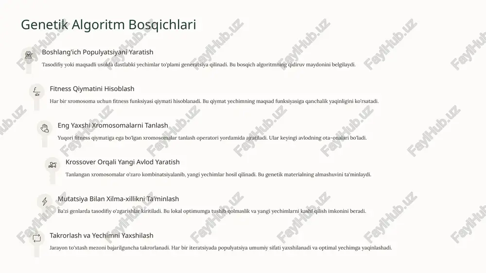 shda yaxshilash va moslashtirishga imkon beradi. 2 chuqur o'rganish bilan kombinatsiya neyron tarmoqlar va chuqur o'rganish usullari bilan genetik algoritmlarni birlashtirish yanada kuchli gibrid tizimlar yaratishga olib keladi. bu kombinatsiya murakkab muammolarni yanada samarali hal qilish imkonini beradi. 3 kvant hisoblash integratsiyasi kvant kompyuterlari rivojlanishi bilan genetik algoritmlarni kvant hisoblash platformalariga moslashtirib, hisoblash tezligini sezilarli darajada oshirish mumkin bo'ladi. 4 real vaqtda adaptiv tizimlar kelajakda genetik algoritmlar real vaqt rejimida o'zgaruvchi muhitga moslashuvchi tizimlar yaratishda muhim rol o'ynaydi. bu avtonom transport, aqlli shaharlar va iot tizimlarida keng qo'llaniladi. sun'iy intellekt sohasidagi tez rivojlanish genetik algoritmlarning yangi qo'llanish sohalarini ochib bermoqda. zamonaviy tadqiqotlar ko'rsatadiki, bu usullar kelajakda yanada kuchli va moslashuvchan bo'lib, insoniyatning eng murakkab muammolarini hal qilishda yordam beradi. xulosa kuchli vosita genetik algoritmlar murakkab optimallashtirish masalalarini samarali yechishda kuchli va moslashuvchan vosita hisoblanadi tabiiy ilhom biologik evolyutsiya printsiplaridan ilhomlangan bu metod tabiatning milyonlab yillar davomida sinovdan o'tgan usullarini qo'llaydi …