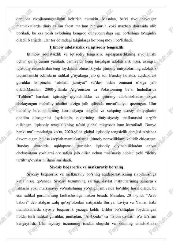 irib chiqargan. bunday sharoitda, aqidaparast guruhlar iqtisodiy qiyinchiliklardan aziyat chekayotgan yoshlarni o‘z safiga jalb qilish uchun “ma’naviy adolat” yoki “ilohiy tartib” g‘oyalarini ilgari surishadi. siyosiy beqarorlik va mafkuraviy bo‘shliq siyosiy beqarorlik va mafkuraviy bo‘shliq aqidaparastlikning rivojlanishiga katta hissa qo‘shadi. siyosiy tuzumning zaifligi, davlat institutlarining samarasiz ishlashi yoki mafkuraviy yo‘nalishning yo‘qligi jamiyatda bo‘shliq hosil qiladi, bu esa radikal guruhlarning faollashishiga imkon beradi. masalan, 2011-yilda “arab bahori” deb atalgan xalq qo‘zg‘olonlari natijasida suriya, liviya va yaman kabi mamlakatlarda siyosiy beqarorlik yuzaga keldi. ushbu bo‘shliqdan foydalangan holda, turli radikal guruhlar, jumladan, “al-qoida” va “islom davlati” o‘z ta’sirini kengaytirdi. ular siyosiy tuzumning ishdan chiqishi va xalqning umidsizlikka tushishini o‘z foydasiga ishlatib, o‘zlarining aqidaparast g‘oyalarini targ‘ib qilishdi.mafkuraviy bo‘shliq, ayniqsa, post-sovet mamlakatlarida ham sezilarli darajada kuzatildi. 1991-yilda sovet ittifoqi parchalanganidan so‘ng, sobiq ittifoq respublikalarida mafkuraviy bo‘shliq yuzaga keldi. markaziy osiyo mamlakatlarida, masalan, diniy ekstremizmning tarqalishi aynan shu bo‘shliq natijasida yuzaga kelgan. “hizb ut-tahrir” kabi guruhlar ushbu …