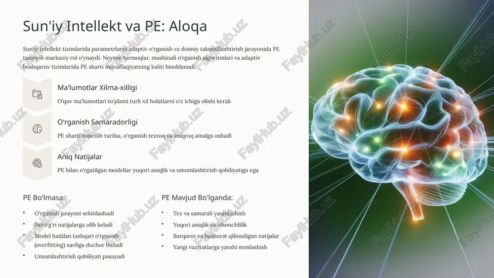 adaptiv boshqaruv nazariyasi va pe tamoyili neyron tarmoqlarda parametr optimallashtirish switched tizimlar va gibrid modellar doimiy o'rganish (continual learning) algoritmlari agi rivojlanishida pe tamoyilining roli eslatma: bu taqdimotda keltirilgan barcha ilmiy manbalar va tadqiqotlar parametrlarning yaqinlashishi va pe tamoyilining zamonaviy sun'iy intellekt tizimlardagi ahamiyatini isbotlaydi. qo'shimcha ma'lumot olish uchun yuqorida keltirilgan adabiyotlar bilan tanishishni tavsiya qilamiz. 10 image1.png image2.png image3.png image4.png image5.png image6.png image7.png image8.png image9.png image10.png image11.png image12.png image13.png image14.png image15.png image16.png image17.png image18.png image19.png image20.png image21.png image22.png cal ke) ~ 3 ail : 7 (e:) artificial intelligence artificial intelligence resiearch parer 3 (9) ua rgis loq8 chg dua 1 acosr ato &.00880n py) arecarcch apere apcblarbr xorior in bon rtescronn cc hr piacewoc|y artificicial intelligence