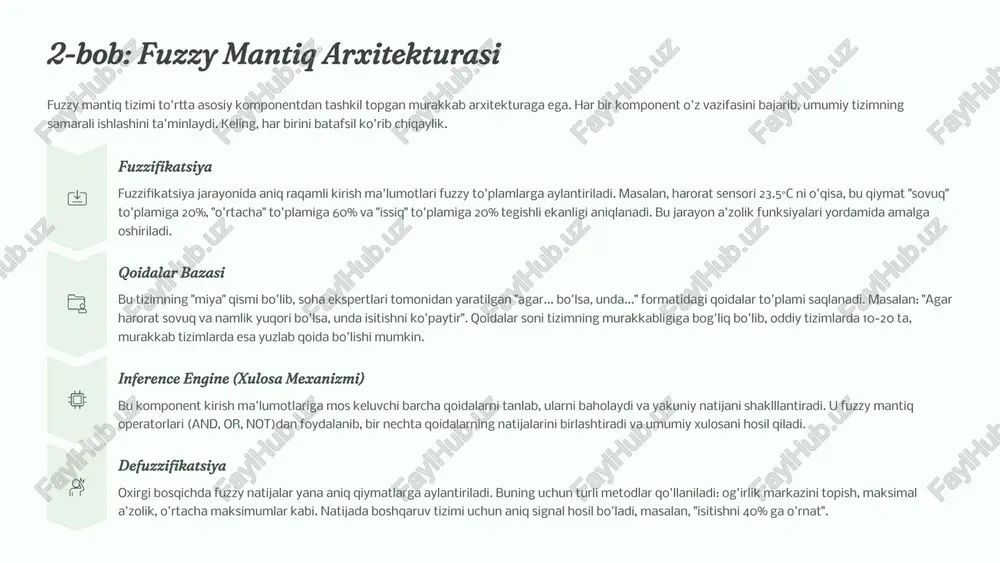 yniqsa murakkab kasalliklar, masalan, saraton, yurak-qon tomir kasalliklari diagnostikasida foydalidir. bundan tashqari, fuzzy mantiq moliyaviy bozorlarda prognozlash, qishloq xo'jaligida sug'orish va o'g'itlash tizimlarida, energetikada iste'molni optimallashtirish, transport tizimlarida svetoforlarni boshqarish va boshqa ko'plab sohalarda muvaffaqiyatli qo'llanilmoqda. 8 misol: fuzzy mantiq asosida harorat boshqaruvi dasturi keling, amaliy misol ko'rib chiqaylik - xona haroratini fuzzy mantiq yordamida boshqaradigan tizim. bu klassik misol fuzzy mantiq tamoyillarini yaxshi namoyish etadi. 01 kirish ma'lumotlarini olish tizim harorat sensoridan joriy haroratni o'qiydi. masalan, sensor 22.5°c ni ko'rsatadi. shuningdek, tizim maqsadli harorat (masalan, 24°c) va harorat o'zgarish tezligini ham hisobga olishi mumkin. 02 fuzzifikatsiya jarayoni aniq harorat qiymati fuzzy to'plamlarga aylantiriladi. 22.5°c quyidagicha tasniflanishi mumkin: "juda sovuq" (0%), "sovuq" (30%), "o'rtacha" (60%), "issiq" (10%), "juda issiq" (0%). bu a'zolik darajalari oldindan belgilangan a'zolik funksiyalari orqali hisoblanadi. 03 qoidalar bazasini qo'llash tizim qoidalar bazasidagi barcha mos qoidalarni baholaydi. masalan: "agar harorat sovuq va maqsad issiq bo'lsa, isitishni kuchli …