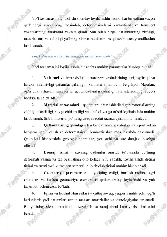 omilidan kelib chiqadigan xatoliklarni kamaytiradi, loyihaning sifatini oshiradi hamda transport infratuzilmasini barqaror va iqtisodiy samarali rivojlantirishga xizmat qiladi. shu bilan birga, cad tizimlari yordamida loyihalash jarayoni nafaqat chizmalar va texnik hujjatlarni yaratish bilan cheklanib qolmay, balki murakkab texnik hisob-kitoblarni bajarish, loyihaning turli variantlarini sinab ko‘rish va optimallashtirish imkoniyatini ham beradi. cad tizimlari va ularning yo‘l loyihalaridagi qo‘llanilishi cad tizimlari – bu kompyuter yordamida loyihalarni yaratish, tahrirlash, vizualizatsiya qilish va tahlil qilish imkonini beruvchi dasturiy vositalardir. yo‘l loyihalashtirishda cad tizimlarining qo‘llanilishi bir necha asosiy jihatlarda namoyon bo‘ladi: 1. geometrik dizayn va chizmalar yaratish – cad tizimlari yordamida yo‘lning geometriyasi, burilish radiuslari, egri chiziqlar, ko‘priklar va tunnel elementlari kabi murakkab konstruksiyalar aniq va vizual tarzda loyihalanadi. bu esa loyihachilarga yo‘l yo‘nalishining barcha parametrlarini real holatda ko‘rish va tekshirish imkonini beradi. 2. materiallar va qatlamlarni hisoblash – yo‘l toshamasining qatlamlarini loyihalashda cad tizimlari qatlamlarning qalinligi, zichligi, tarkibi va yuk tashish qobiliyati bo‘yicha aniq …