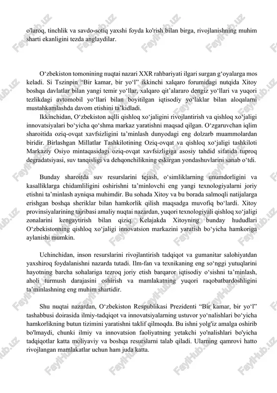 irokchilariga foyda keltiradi, chunki u savdo-sotiqni faollashtiradi, yangi ish o‘rinlarini yaratadi, sayyohlarni jalb qiladi va tranzit daromad keltiradi. ushbu loyihaning istiqbollari qashqar-irkeshtom-o'sh-andijon-toshkent avtomobil yo'lagidan iborat bo'lib, u birinchi marta markaziy osiyo avtotashuvchilarga xitoyga to'g'ridan-to'g'ri yetib borish imkonini berdi. mozori sharif-kobul-peshovar temir yo‘li qurilishi janubiy dengiz portlariga chiqishni osonlashtirishda ham muhim ahamiyatga ega. o‘zbekiston afg‘oniston, qozog‘iston, pokiston va rossiya bilan hamkorlikda ushbu loyiha ustida ishlamoqda. 2018-yil dekabr va 2019-yil mart oylarida toshkent shahrida temir yo‘l ma’muriyatlari rahbarlarining besh tomonlama uchrashuvlari bo‘lib o‘tdi, unda mazkur transport yo‘lagining asosiy jihatlari yoritib berildi. bu yoʻnalishda mozori sharif va kobul oʻrtasida katta yoʻl bor. o‘zbekiston va tojikiston afg‘oniston poytaxtiga elektr uzatish liniyasini uzaytirdi. kelajakda bu yo‘nalish hindistonga ham cho‘zilishi mumkin. yuqorida sanab o‘tilgan transport va infratuzilma loyihalarini moliyalashtirishni ta’minlash maqsadida o‘zbekiston respublikasi prezidenti “markaziy osiyo uchun moliyaviy muloqot” tashabbusi bilan chiqdi. muloqotdan ko‘zlangan asosiy maqsad xxr moliya institutlari – osiyo infratuzilma investitsiyalari banki, buyuk ipak …