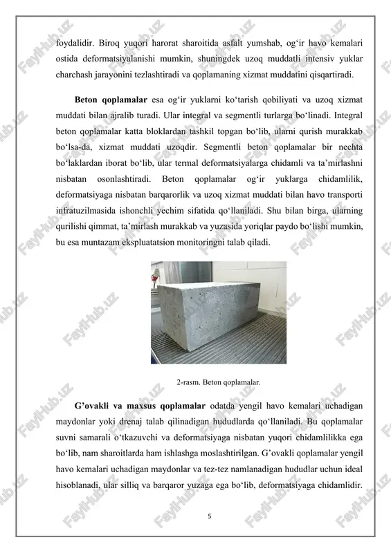sababli og‘ir havo kemalari uchun beton qoplamalar afzal hisoblanadi. asfalt qoplamalar esa statik yuk ostida nisbatan sezgir bo‘lib, ayniqsa intensiv va uzoq muddatli yuklar ostida yuzada cho‘kindilar va g’ildirak izlari paydo bo‘lishi mumkin. statik yuklar qoplamaning material xususiyatlari, qatlam qalinligi va elastiklik koeffitsienti bilan chambarchas bog‘liq bo‘lib, bu parametrlar qoplamaning chidamliligi va xizmat muddatini belgilaydi. dinamik yuklar havo kemasi harakatlanayotganda paydo bo‘lib, vaqtinchalik bo‘lsa-da, katta intensivlikka ega bo‘ladi. havo kemasining tezligi, tormozlash harakatlari, burilishlar va akseleratsiya qoplamaning yuqori qatlamlarida deformatsiyani kuchaytiradi. dinamik yuklar qoplamaning charchash jarayonini tezlashtiradi, mikrocraklar va cho‘kindilar hosil bo‘lishiga olib keladi hamda stress pastki qatlamlarga tarqaladi. shu bois, dinamik yuklar ostida qoplamaning yuqori qatlamlari material xususiyatlariga ko‘ra egiluvchanlik va elastiklik bilan ishlashi lozim. beton qoplamalar bunday sharoitlarda barqaror bo‘lsa-da, asfalt qoplamalar uzoq muddatli dinamik yuklar ostida deformatsiyalanadi va xizmat muddati qisqaradi. turli o‘lchamdagi havo kemalari qoplamaga turlicha ta’sir ko‘rsatadi. yengil havo kemalari ostida deformatsiya minimal bo‘lib, qatlamlarning …