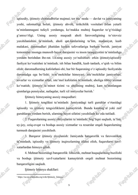 huvlar, demografik omillar va jamiyatdagi ijtimoiy qadriyatlar bilan bog‘liq holda samarali ishlaydi. aholini ijtimoiy himoya qilish – bu davlatning yoki boshqa ijtimoiy tashkilotlarning, jamiyatning turli guruhlarining iqtisodiy, ijtimoiy va huquqiy ehtiyojlarini qondirish, ular uchun xavfsizlik, tenglik va farovonlikni ta’minlashga qaratilgan chora-tadbirlar majmuasidir. aholini ijtimoiy himoya qilish asosiy maqsadlari — jamiyatdagi eng zaif guruhlarni qo‘llab-quvvatlash, ijtimoiy tengsizliklarni kamaytirish, va ijtimoiy barqarorlikni ta’minlashdir. ijtimoiy himoya turli shakllarda amalga oshiriladi: 1. nafaqalar va subsidiyalar: kam ta’minlangan yoki ijtimoiy ehtiyojga muhtoj bo‘lgan fuqarolarga moliyaviy yordam ko‘rsatish. masalan, pensionerlar, nogironlar, ishchilar va boshqalar uchun nafaqalar, ijtimoiy subsidiyalar (masalan, energiya, oziq-ovqat yoki uy-joy subsidiyalari). 2. sog‘liqni saqlash va ta’lim xizmatlari: aholi uchun arzon yoki bepul sog‘liqni saqlash va ta’lim xizmatlarini taqdim etish. bu ijtimoiy himoya tizimining muhim jihati bo‘lib, jamiyatning har bir qatlamining asosiy ehtiyojlarini ta’minlashga qaratilgan. 3. ishsizlikka qarshi choralar: ishsizlikning oldini olish yoki ishga joylashish imkoniyatlarini yaratish. bunga ishga joylashish dasturlari, kasb-hunar tayyorlash va …