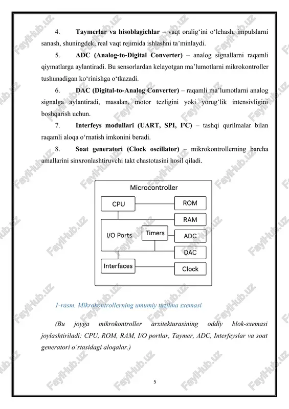 tirish va texnologik jarayonlarning aniqligini oshirish mumkin. shu sababli mikrokontroller texnologiyalarini chuqur o‘rganish va ularni amaliy loyihalarda qo‘llash bugungi kunda har bir muhandis va texnik mutaxassis uchun zarur ko‘nikmadir. 1.2. mikrokontroller va mikroprotsessor farqi elektron hisoblash texnologiyalari sohasida “mikrokontroller” va “mikroprotsessor” atamalari ko‘p ishlatiladi. ular o‘zaro yaqin bo‘lsa-da, funksional imkoniyatlari, arxitekturasi va qo‘llanilish maqsadi jihatidan sezilarli farqlarga ega. mikroprotsessorlar, asosan, umumiy maqsadli hisoblash tizimlari — kompyuterlar, noutbuklar va serverlar uchun mo‘ljallangan bo‘lsa, mikrokontrollerlar maxsus boshqaruv vazifalarini bajaruvchi, ma’lum bir qurilmani avtomatik boshqarishga mo‘ljallangan qurilmalardir. mikroprotsessor tushunchasi mikroprotsessor — bu markaziy hisoblash blokidir (cpu), u faqat ma’lumotlarni qayta ishlash funksiyasini bajaradi. u o‘z ichida arifmetik-mantiqiy qurilma (alu), registrlar va boshqaruv bloki (cu)ni o‘z ichiga oladi. ammo mikroprotsessor tizimning to‘liq ishlashi uchun tashqi xotira (ram, rom), kirish-chiqish portlari, taymer va interfeyslar kabi komponentlarga ehtiyoj sezadi. shuning uchun mikroprotsessor asosidagi tizimlar ko‘proq tashqi qurilmalar bilan to‘ldirilgan bo‘ladi va ular odatda murakkab hisoblash ishlarini …