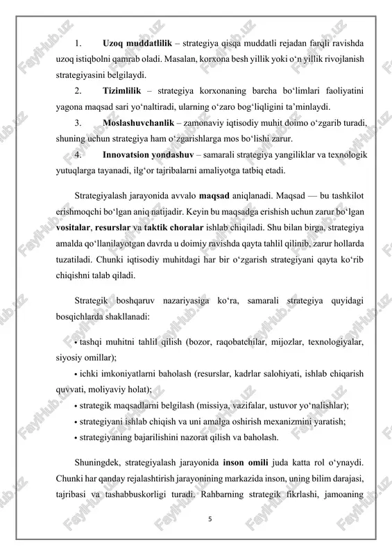 asosda prognozlash, mavjud resurslarni eng samarali tarzda taqsimlash va o‘zgaruvchan sharoitlarga moslashish san’atidir. strategik yondashuv har bir tashkilotning muvaffaqiyati, barqarorligi va iqtisodiy o‘sishining kafolatidir. aynan strategiyalash tufayli tashkilot o‘z maqsadlarini aniq belgilab, ularni bosqichma-bosqich amalga oshirish imkoniyatiga ega bo‘ladi. shu bois, strategiyalashni chuqur o‘rganish, uni amaliyotda to‘g‘ri qo‘llash har bir iqtisodchi, menejer va rahbar uchun zarur bilim va ko‘nikmadir. 3. strategiyalashning tarixiy rivojlanish bosqichlari strategiyalash bugungi kunda zamonaviy boshqaruvning ajralmas qismi, korxona va tashkilotlarning uzoq muddatli muvaffaqiyatini ta’minlovchi eng muhim mexanizmlaridan biri hisoblanadi. ammo bu tushuncha bir kunda paydo bo‘lmagan — u insoniyat tarixida uzoq davr davomida shakllanib, turli bosqichlardan o‘tgan. har bir davrda strategiyalashning mazmuni, maqsadi va qo‘llanilish sohasi o‘zgarib borgan. shu bois strategiyalash tarixini o‘rganish nafaqat nazariy, balki amaliy jihatdan ham muhimdir. strategiyalashning tarixiy rivojlanishini quyidagi bosqichlar orqali tahlil qilish mumkin: qadimgi davr – harbiy strategiyadan ijtimoiy boshqaruvga o‘tish bosqichi strategiya tushunchasi ilk bor qadimgi sharq va yunon …