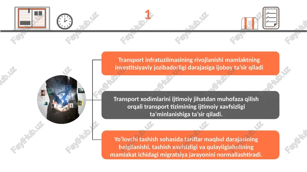 i va qo‘riqlanishini samarali ta’minlash; zamonaviy axborot-kommunikatsiya texnologiyalaridan foydalangan holda transport ob’ektlari va ularga tutash hududlarda jamoat xavfsizligini ta’minlashning markazlashgan muvofiqlashtirilgan boshqaruvini amalga oshirish; transport ob’ektlarida terroristik tahdidlarni, giyohvandlik vositalari, ularning analoglari, psixotrop moddalar va ularning prekursorlari, o‘qotar qurol, o‘q-dorilar, portlovchi, radioktiv, zaharli, kuchli ta’sir qiluvchi va zaharlovchi moddalarning noqonuniy aylanmasi bilan bog‘liq holatlarni o‘z vaqtida aniqlash va bartaraf etishni tashkil qilish. 01 02 03 04 transportda xavfsizlikni ta’minlash bosh boshqarmasi vazifalari thank you for watching image1.jpeg image2.emf image3.emf image4.emf image5.emf image6.emf image7.emf image8.emf image9.jpeg image10.emf image11.emf image12.jpeg image13.png image14.png image15.jpeg image16.png image17.png image18.png image19.jpeg infographic_10080172 infographic_10080172