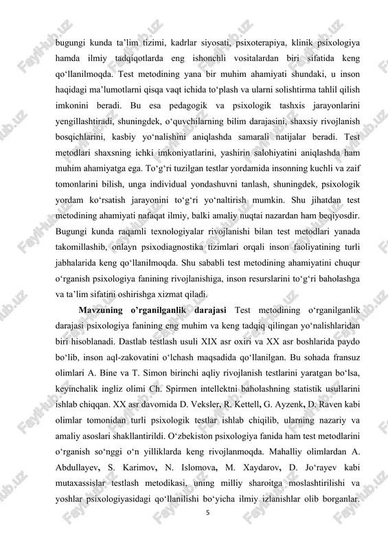 shaxsini, uning individual-psixologik xususiyatlarini, bilim va ko‘nikmalarini, shuningdek, emotsional hamda intellektual rivojlanish darajasini aniqlashda eng samarali ilmiy-uslubiy vosita hisoblanadi. “test” atamasi ingliz tilidan olingan bo‘lib, “sinov”, “tekshirish” yoki “baholash” ma’nolarini anglatadi. psixologiyada bu metod xix asr oxiri va xx asr boshlarida shakllangan bo‘lib, dastlab fransuz olimi alfred bine tomonidan bolalar intellektini o‘lchash maqsadida ishlab chiqilgan. keyinchalik bu metod lewis terman, charles spearman, david wechsler kabi olimlar tomonidan takomillashtirilib, zamonaviy psixodiagnostika tizimining ajralmas qismiga aylangan. test metodining mohiyati shundan iboratki, u shaxsning psixik xususiyatlarini aniq, qisqa vaqt ichida va obyektiv tarzda o‘lchash imkonini beradi. testlar yordamida insonning qobiliyatlari, xarakteri, temperament turi, shaxsiy motivlari, hissiy holati, stressga bardoshliligi, ijtimoiy moslashuv darajasi kabi ko‘plab jihatlar aniqlanadi. shu bois psixologik testlar nafaqat ilmiy tadqiqotlarda, balki amaliy psixologiyada — kadrlar tanlash, ta’lim tizimi, harbiy soha, tibbiyot, sport va huquqni muhofaza qilish organlarida keng qo‘llanadi. psixologik test metodining asosiy mazmuni – bu standartlashtirilgan topshiriqlar majmuasi orqali …