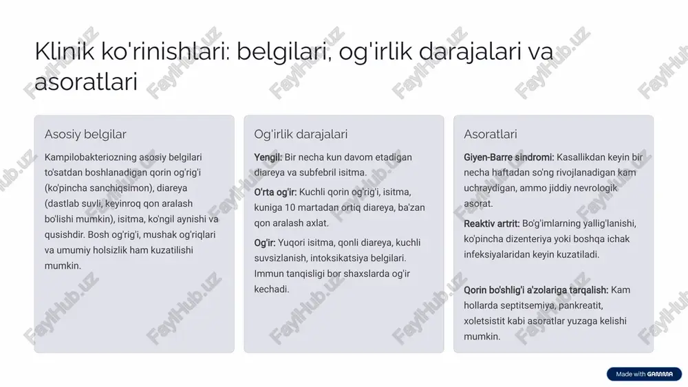 bakterioz keng tarqalgan va jiddiy ichak infeksiyasi bo'lib, uning oldini olishda gigiyena qoidalariga rioya qilish, oziq-ovqat va suv xavfsizligini ta'minlash muhimdir. erta diagnostika va adekvat davolash asoratlarning oldini oladi. 2 vaksinatsiya insonlar uchun samarali vaksinalarni ishlab chiqish ustida tadqiqotlar davom etmoqda. bu ayniqsa, kasallik yuqish xavfi yuqori bo'lgan hududlar va aholi guruhlari uchun muhimdir. 3 tashxis usullari kampilobakteriozni tez va aniq aniqlash uchun yangi, sezgir va arzon diagnostika usullarini ishlab chiqishga ehtiyoj bor. bu, ayniqsa, resurslari cheklangan hududlarda juda muhim. 4 davolash strategiyalari antibiotiklarga nisbatan rezistentlikning ortib borishi yangi antibiotiklarni yoki alternativ davolash usullarini izlashni talab qiladi. shuningdek, probiotiklar va prebiotiklarning rolini o'rganish dolzarb hisoblanadi. 10 image1.png image2.png image3.png image4.png image5.png image6.png image7.png image8.png image9.png image10.png image11.png image12.png image13.png image14.png image15.png image16.png image17.png image18.png image19.png image20.png image21.png image22.png image23.png image24.png image25.png made with gamma wa