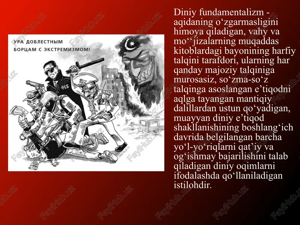 a xalifalik shaklidagi islom davlatini tuzish. ularning asosiy da’vosi - mustafo kamol otaturk tomonidan 1924 yili usmoniy xalifa ikkinchi abdulmajid (1922-1924) xalifalikdan g‘ayriqonuniy chetlatildi. davlat diniy-islomiy qonunlar asosida xalifa tomonidan idora etilishi lozim. hizb dasturi 187 banddan iborat bo‘lib, asosiy maqsadi - hokimiyatga erishish. bundagi asosiy yo‘l - islomiy fikrlovchi shaxslarni shakllantirish. ularga islomiy ta’lim-tarbiya berish ikki bosqichdan iborat: 1) u bilan islom ta’limotini o‘rgatish yo‘lida madaniy-ma’rifiy ishlar olib borish; 2) siyosiy faoliyatga tortish. milliy diniy iqtisodiy siyosiy ekologik ekstrimizm-jamiyat hayotining barcha sohalariga ta’sir etish kuchiga ega: milliy ekstremizm millatlar o’rtasida dushmanlik kayfiyatini kuchaytirirshni maqsad qilgan harakat milliy ekstremizm diniy ekstremizm va terrorizmning oqibatlari ypa qobaecthbim bopliam c 3kctpemu3mom! ‘taliban airlines b3pbibbi b metpo: (to mpov30nni0