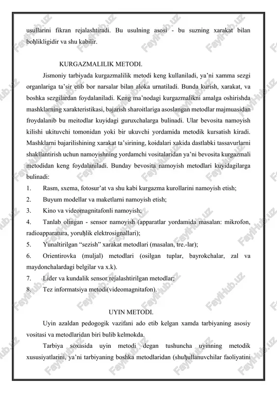 todi. uyin azaldan pedogogik vazifani ado etib kelgan xamda tarbiyaning asosiy vositasi va metodlaridan biri bulib kelmokda. tarbiya soxasida uyin metodi degan tushuncha uyinning metodik xususiyatlarini, ya’ni tarbiyaning boshka metodlaridan (shuђullanuvchilar faoliyatini tashkil etish va unga raxbarlik kilish kabi xususiyatlari jixatdan) fark kiladigan tomonlarini ifoda etadi. jismoniy tarbiyaning uyin metodi uchun kuyidagi belgilar xarakterlidir: 1. faoliyatni obrazli yoki shartli “syujet” (uyin maksadi, rejasi) asosida tashkil etish, bunda vaziyatning doimiy va kuprok darajada bexosdan uzgarishi bilan muayyan maksadga erishish nazarda tutiladi. 2. maksadga erishish xilma-xilligi va faoliyatning majmua xarakterdagi bulishi (masalan, yugurish, sakrash, irђitish). 3. shuђullanuvchilarning bemalol mustakil xarakat kilishi, ularni tashabbus va chakkonlik kursatishlariga, topkir bulishlariga, xarakat faoliyatlariga yuksak talablar kuyish. 4. shuђullanuvchilar xarakatining bir-biriga boђlikligi, yorkin emotsionallik. 5. jismoniy yuklanish dozirovkasining cheklangan imkoniyati. musobaka metodi. jismoniy tarbiya jarayonida musobaka metodi mashђulot utkazish davomida (mazkur mashђulotga kiritilgan aloxida mashk bilan birgalikda), mustakil uyin shaklida (muljal, nazorat va sport musobakalari) kullaniladi. …
