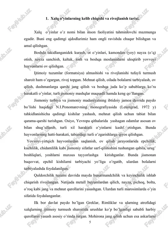 pchil kishilarni tarbiyachi yo’liga o’rgatib, ulardan bolalarni tarbiyalashda foydalanilgan. quldorchilik tuzumi davrida mayda hunarmandchilik va keyinchalik ishlab chiqarish rivojlangan. natijada metall buyumlardan qilich, nayza, pichoq, bolta, o’roq kabi jang va mehnat qurollarini yasashgan. ulardan turli marosimlarda o’yin sifatida foydalanganlar. ilk bor davlat paydo bo’lgan greklar, rimliklar va ularning atrofidagi xalqlarning ijtimoiy turmush sharoitida urushlar ko’p bo’lganligi sababli harbiy qurollarni yasash asosiy o’rinda turgan. mohirona jang qilish uchun esa askarlarni har tomonlama jismoniy jihatdan tayyorlashgan. jang mashqlarining bahzi qismlarini (element) o’yinga aylantirib, xalq orasida keng tarkalgan. kadimgi greklarning sparta tizimi,.italiyaning rim tizimi va shunga uxshash tarbiya maskanlarida eng murakkab mashklar,jang amallari urgatilib, ularni omma o’rtasida tomosha sifatida namoyish etishgan (“spartak”, “geraklning jasorati” va shunga o’xshash kinofilg’mlarni eslab ko’ring). feodalizm jamiyati davrida boy feodallar va dehqonlarning yumushlari asosida turli xil yangi o’yinlar vujudga kelgan. ular qilichlashish, nayza uloqtirish, kamondan o’q otish kabi turlar bilan bir qatorda mushtlashish (boks), kurash, tosh ko’tarish, suvda …