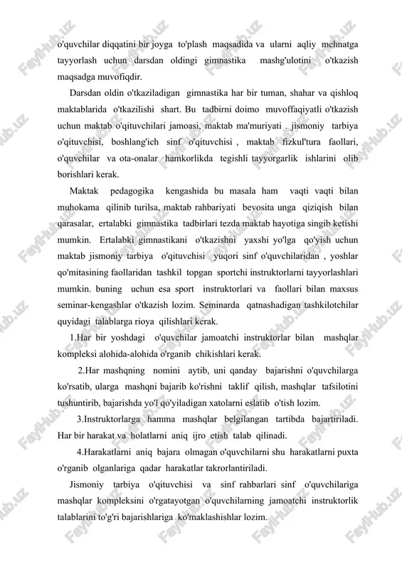 katlarni puxta o'rganib olganlariga qadar harakatlar takrorlantiriladi. jismoniy tarbiya o'qituvchisi va sinf rahbarlari sinf o'quvchilariga mashqlar kompleksini o'rgatayotgan o'quvchilarning jamoatchi instruktorlik talablarini to'g'ri bajarishlariga ko'maklashishlar lozim. o'quvchilarga ertalabki gimnastikadagi kompleks mashqlarni jismoniy tarbiya darsida o'rgatish mumkin. ular esa bu kompleksni uyda o'zlari mustaqil ravishda puxtalaydilar. jismoniy tarbiya darslaridan vaqtincha yoki butunlay ozod etilgan o'quvchilar vrach maslahatiga binoan uyda har kuni ertalab gigienik gimnastika mashqlarini bajaradilar. ko'pchilik maktablarning tajribasga ko'ra o'quvchilarda darsdan oldin o'tkaziladigan gimnastikaga havas uyg'otish uchun sinflararo musobaqa tashkil etilib, maxsus salomatlik burchagi tuzish unga natijalarni yozib borish lozim. buning uchun fizkul'tura faollaridan sudyalar tanlanib, ular har bir sinf o'quvchilari mashqlarini bajarishni, xulqi va faol ishtirok etishlarini baholab boradilar. o'quvchilarning uyushqoqligi ko'p jihatdan ular bilan olib boriladigan tayyorgarlik ishlariga bog'liq. mashqlarni bajarish uchun har bir sinfga maydonchadan alohida doimiy joyni ajratib qo'yish lozim. darsdan oldin o'tkaziladigan badantarbiyani jamoatchi sport faollari navbatchi o'qituvchiga raport berishdan boshlagani ma'qul. badantarbiya mashqlar musiqa …