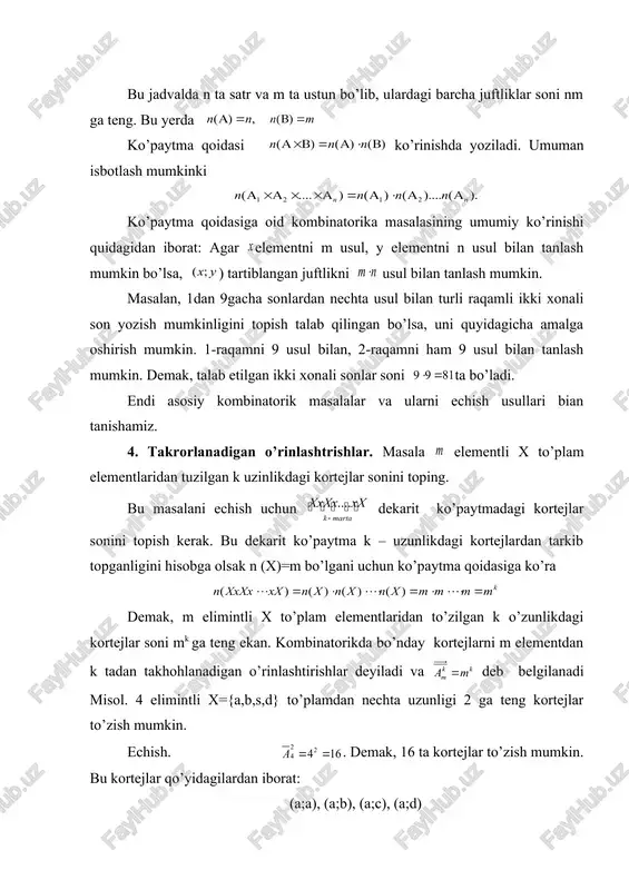 di. misol. auditoriyadagi 30 talabadan 3ta faol talabani necha xil usul bilan tanlash mumkin. yechish. usul bilan tanlash mumkin. 7.takroelanmaydigan guruhlashlar. masala. m elemintli x to’plamning nechta k elementli qism to’plamlari bor? m elementli x to’plamning k elementli qism to’plamlari soni formula bilan hisoblanadi va u m elementdan k tadan takrorlanmaydigan guruhlashlar soni diyladi. misol. guruhdagi 30 talabani ko’rikda ishtirok etish uchun 5 talabani necha xil usul bilan tanlash mumkin? echish. ko’rik ishtirokchilarining tartibi ahamiyatga ega bo’lmagani uchun 30 elementli to’plamning 5 elementli qism to’plamlar soni nechtaligini topamiz: demak, 5 talabani 144306. usul bilan tanlash mumkin. endi ko’rinishdagi sonlarning ba’zi xossalarini qaraymiz. 20 va 30 xossalaridan foydalanib ko’rinishdagi sonlarning qiymatini ketma-ket hisoblash mumkin. 30 xossaga ko’ra bundan 20 ga ko’ra . korinishdagi sonlarni paskal uchburchgi ko’rinishida joylashtirish mumkin: c00 1 c01 c11 1 1 c02 c12 c22 1 2 1 c03 c13 c23 c33 1 3 3 1 c04 c14 …
