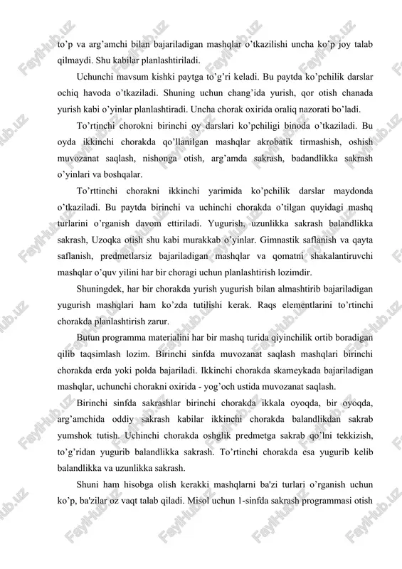 ash programmasi otish programmasiga qaraganda ancha keng predmetlarsiz bajariladigan mashqlar programmasi esa to’plar bilan bajariladigan mashqlarligiga qaraganda kengrok. o’quv chorakli vaqtiga ko’ra har xil shgunday darslar miqdori va programma materialining hajmi ham turliga bo’ladi. odatda birinchi yarim yillikda o’rganiladigan material ikkinchi yarim yillikda takrorlananadi va takomillashtirish maqsadida programma materialini choraklar bo’yicha taxminan taqsimlab chiqilgach birinchi chorak uchun dars plani tuziladi. bunda ayniqsa o’quvchilarning o’zlashtirishini hisobga olish imkonini beruvchi chorakda asosiy hisoblanadigan mashq turlarini darsga bir necha marta5-8) marta iloji bo’lsa turkum holda ketma-ket kiritish zarur: bu materialni o’quvchilar yaxshirok va tezroq o’zlashtirishga yordam beradi. organizmga iloji boricha har tomonlama ta'sir qilishni taminlash maqsadida har dars planiga jismoniy mashqlarni bir necha turini kiritish kerak. barcha o’quv choraklari uchun dars planlarini birdaniga tuzish joiz emas, chunki belgilangan planlarni albatta bajarilishni oldindan bilib bo’lmaydi. navbatdagi o’quv choragiga mo’ljallangan dars plani avvalgi chorakning oxirida tuziladi. programma materialini choraklarga darslar bo’yicha planlashtirishni tuzilishini ikki usuli …