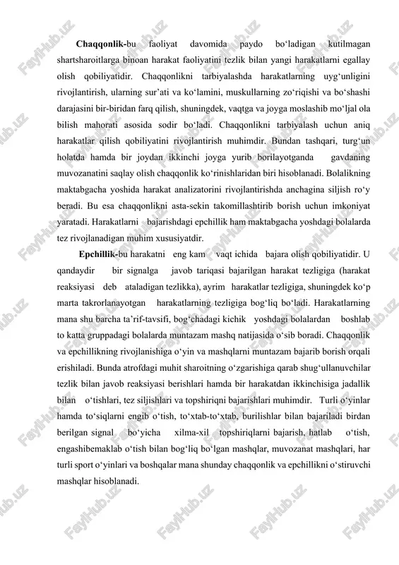 laydigan, to‘g‘ri turishga o‘rgatadigan mashqlar bajartirish muhim ahamiyatga egadir. maktabgacha yoshdagi bolalarda kuch-quvvatni tarbiyalashga qaratilgan mashqlar asosan dinamik harakterga ega bo‘lishi kerak. ayni vaqtda bu uzoq vaqt davom etib, asablarni ancha tarang holga keltiradigan bir xildagi zo‘riqishlar bilan bog‘liq, bo‘lmasligi shart. bundan tashqari kuchni rivojlantirishda zo‘r berib kuchlanish zarur bo‘lgan mashqlar qo‘llanmasligi kerak. maktabgacha yoshdagi bolalarining kuch-quvvatini tarbiyalash uchun qisqa muddat davom etadigan tezlik-kuch talab qiladigan mashqlar (masalan, bir joyning o‘zida turib uzunlikka sakrash, uzoqqa uloqtirish mashqlari), shuningdek, o‘z og‘irligini ko‘tarish bilan bog‘liq bo‘lgan ba’zi bir mashqlar (yengashtirib qo‘yilgan va tikka turgan narvonlar, taxtalarga tirmashib chiqish mashqlari, gimnastika skameykasida o‘z qo‘llari, kuchi bilan tortilish va shunga o‘xshash mashqlar)ni bajarish o‘rinlidir. matonat-bu jismoniy ishni imkoni boricha uzoq vaqt davomida yetarli darajadagi jadallikni saqlagan holda bajara olish qobiliyatidir. matonatni tarbiyalash organizmning turli sistemalarining miqdoriy imkoniyatlarini oshirib borish bilan, asta-sekin sharoitga moslashib borish bilan, oqibat natijada charchashga olib boradigan kuchli zo‘riqish bilan uzoq …