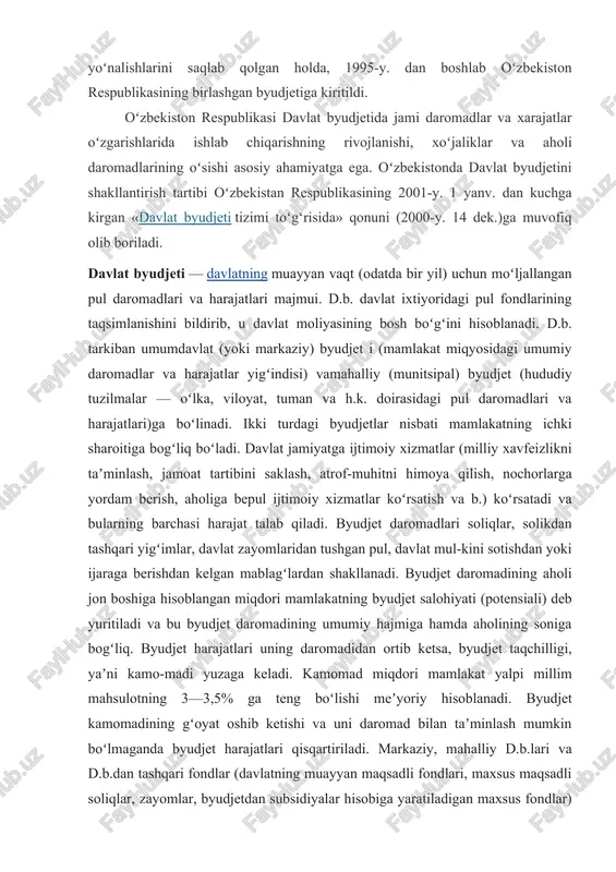 mamlakatning byudjet salohiyati (potensiali) deb yuritiladi va bu byudjet daromadining umumiy hajmiga hamda aholining soniga bogʻliq. byudjet harajatlari uning daromadidan ortib ketsa, byudjet taqchilligi, yaʼni kamo-madi yuzaga keladi. kamomad miqdori mamlakat yalpi millim mahsulotning 3—3,5% ga teng boʻlishi meʼyoriy hisoblanadi. byudjet kamomadining gʻoyat oshib ketishi va uni daromad bilan taʼminlash mumkin boʻlmaganda byudjet harajatlari qisqartiriladi. markaziy, mahalliy d.b.lari va d.b.dan tashqari fondlar (davlatning muayyan maqsadli fondlari, maxsus maqsadli soliqlar, zayomlar, byudjetdan subsidiyalar hisobiga yaratiladigan maxsus fondlar) yigʻindisi davlatning yigma byudjetini tashkil etadi. d.b., odatda, joriy yilda kelgusi yil uchun tuziladi. iqtisodiy beqarorlik sharoitida u chorak yoki yarim yilga tuzilishi ham mumkin. d.b.ni huku-mat tuzadi va yuqori qonun chiqaruvchi organ (parlament) tomonidan tasdiqlanadi. d.b. muayyan mamlakatdagi ijtimoiyiqtisodiy munosabatlarni ham ifodalaydi. jamiyatning iqtisodiy tuzumi, davlatning tabiati va faoliyatiga qarab d.b. mohiyati, uning daromadlari va harajatlari xususiyati hamda tarkibi turlicha boʻladi. sanoati rivojlangan mamlakatlarda davlatning iqtisodiyot, i.ch., milliy daromadni taqsimlash va qayta taqsimlashga …