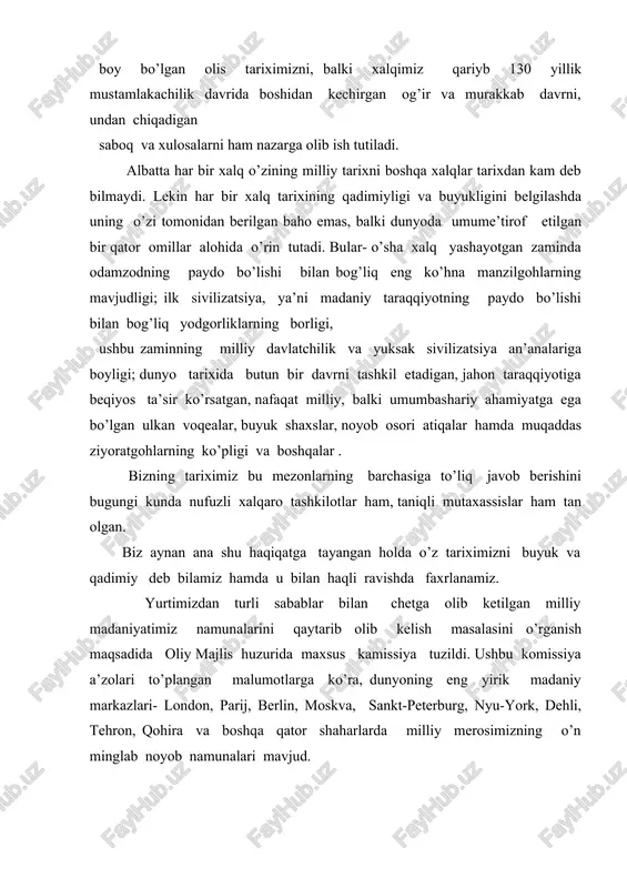 r ta’biri bilan aytadigan bo’lsak, kimki bizning qudratimizga, tariximizga shubha qilsa, ajdodlarimiz qurgan imoratlarga nazar solsin. tarix orqali mard va tanti, oqil donishmand, qahramon va fidoyi ajdodlarimiz bilan yuzma-yuz ko’rishib, suhbat qurmoq, dunyoning qanchadan-qancha sirlaridan barhamand bo’lmoq baxtiga ne yetsin! bugun tariximiz qayta uyg’onib, bizning ismimizni aytib, o’z bag’riga chorlab turibdi. ana shu da’vatga labbay deb javob bermoq farzandlik burchimizdir. aniqroq qilib aytsak, davlatchilik to’liq shakllanib bo’lmasidan avval ham uning ayrim belgilari, ba’zi funksiya, ya’ni vazifalari amal qilgan. masalan, odamlar yagona xalq, yagona davlat bo’lib birikmasidan ilgari ular o’rtasidagi munosabatlarni qabilachilik va urug’chilik qoidalari tartibga solib turgan. qabila a’zolari orasidan sardor- boshliq saylangan, unga hamma bo’ysungan. qabilaning o’z tili, yashash joyi, urf-odatlari, turli jang-u jadallarda ishtirok etadigan jangovor yigitlari bo’lgan. bularning barchasi yillar va asrlar o’tishi bilan asta-sekin davlatchilikka asos bo’lib borgan. turli qabilalar birlashib, muayyan xalqqa asos solgan. ularning boshqaruv tizimi esa davlat idoralarini shakllantirishda muhim o’rin tutgan. demak, …