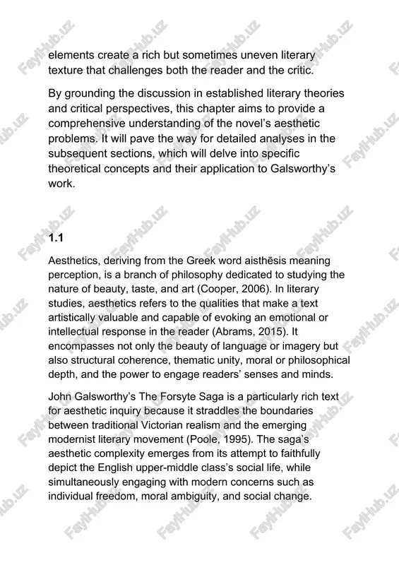 ntent and narrative form, and how these interactions sometimes give rise to aesthetic difficulties or contradictions. the aesthetic problems in the forsyte saga can be traced to various factors such as the extensive scope of the saga, which covers multiple generations; the moral dilemmas faced by the characters; and the tension between traditional victorian values and emerging modernist ideas. these elements create a rich but sometimes uneven literary texture that challenges both the reader and the critic. by grounding the discussion in established literary theories and critical perspectives, this chapter aims to provide a comprehensive understanding of the novel’s aesthetic problems. it will pave the way for detailed analyses in the subsequent sections, which will delve into specific theoretical concepts and their application to galsworthy’s work. 1.1 aesthetics, deriving from the greek word aisthēsis meaning perception, is a branch of philosophy dedicated to studying the nature of beauty, taste, and …