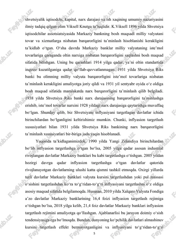 yilda yangi zelandiya birinchilardan bo‘lib inflyasion targetlashga o‘tgan bo‘lsa, 2005 yilga qadar asosan industrial rivojlangan davlatlar markaziy banklari bu kabi targetlashga o‘tishgan. 2005 yildan hozirgi davrga qadar inflyasion targetlashga o‘tgan davlatlar qatorida rivojlanayotgan davlatlarning ulushi katta qismni tashkil etmoqda. oxirgi yillarda turli davlatlar markaziy banklari valyuta kursini targetlashdan yoki pul massasi o‘sishini targetlashdan ko‘ra to‘g‘ridan-to‘g‘ri inflyasiyani targetlashni o‘z oldiga asosiy maqsad sifatida belgilamoqda. hususan, 2010 yilda xalqaro valyuta fondiga a’zo davlatlar markaziy banklarining 16,4 foizi inflyasion targetlash rejimiga o‘tishgan bo‘lsa, 2018 yilga kelib, 21,4 foiz davlatlar markaziy banklari inflyasion targetlash rejimini amaliyotga qo‘llashgan. ajablanarlisi bu jarayon doimiy o‘sish tendensiyasiga ega bo‘lmoqda. bundan, dunyoning ko‘pchilik davlatlari almashinuv kursini targetlash effekt bermayotganligini va inflyasiyani to‘g‘ridan-to‘g‘ri targetlash lozimligini tan olayotganligi borasida xulosa chiqarsak bo‘ladi. bir qator mutaxassislarning fikriga ko‘ra, ko‘plab mamlakatlarning pul-kredit siyosatini inflyasion targetlash sifatida izohlash mumkin. masalan, amerikaning stendforsk universitetining mashhur professori dj.teylor, amerika qo‘shma shtatlarining pul-kredit siyosati inflyasion targetlashning empirik …