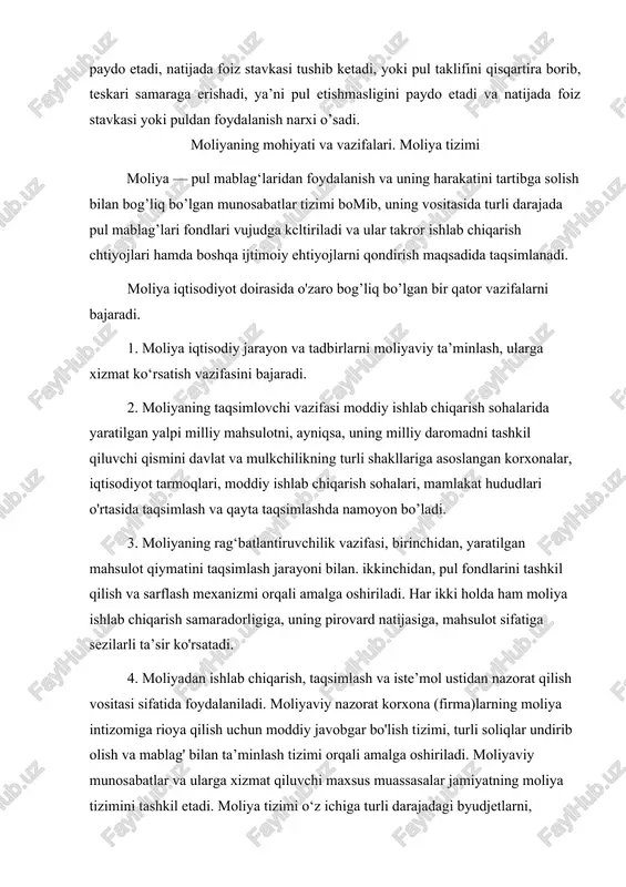 aligi kuzatiladi, buning oqibatida byudjet taqchilligi ro'y beradi. bu holning sabablari ko'p bo'lib. ularning ichida. davlatning jamiyat hayotini barcha sohalaridagi rolining uzluksiz o'sib borishi. uning iqtisodiy va ijtimoiy vazifalarining kengayishi alohida o'rin tutadi. byudjet taqchilligini moliyalashtirish (qoplash)ning muhim ko'rinishlaridan biri davlat krediti hisoblanadi. davlat krediti deganda, davlat qarz oluvchi yoki kreditor sifatida maydonga tushadigan barcha moliyaviy-iqtisodiy munosabatlar yig‘indisi tushuniladi. moliyaviy resurslarni davlat tomonidan qarzga olishning asosiy shakli — bu davlat qarz majburiyatlari (zayomlari)ni chiqarish hisoblanadi. ularni joylashtirish jarayonida davlat aholi. banklar, savdo va sanoat kompaniyalarining vaqtincha bo'sh turgan pul niablag'larini jalb qiladi. soliq tizimi va uning vazifalari davlat byudjeti daromadlar qismining asosiy manbai bo'lib soliqlar hisoblanadi. soliq iqtisodiy kategoriya sifatida, sof daromadning bir qismini byudjetga jalb qilish shakli bo'lib, moliyaviy munosabatlarning tarkibiy qismini tashkil etadi. soliq - bu davlatning o‘z vazifalarini amalga oshirishi uchun zarur bo‘lgan moliyaviy mablag‘larai shakllantirish maqsadida jismoniy va huquqiy shaxslardan byudjetga majburiy toiovlarni undirish shaklidir. soliq …