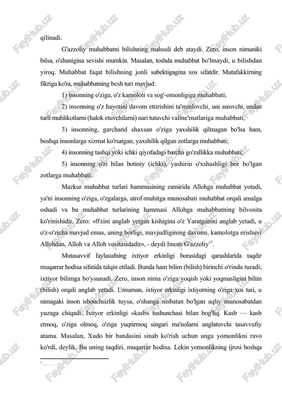 masalan, xudo bir bandasini sinab ko'rish uchun unga yomonlikni ravo ko'rdi, deylik. bu uning taqdiri, muqarrar hodisa. lekin yomonlikning ijrosi boshqa bir odam ixtiyoriga beriladi, ya'ni sinalayotgan bandaga yomonlik qilish-qilmasligi ana shu vosita-odamning ixtiyoriy tanloviga bog'liq. u — erkin. agar u yaxshilikni tanlasa — savob, yomonlikni tanlasa — gunoh uning bo'yniga tushadi. xuddi shuningdek, yofnonlik obekti bo'lgan banda agar xudoning sinoviga shukur bilan javob bersa, u suyuk, aksincha, shakkoklik qilib, xudodan nolisa yoki yuz o'girsa, u gunohkor banda. demak, g'azzoliy taqdirning muqarrarligini ta'kidlagani holda, insonga ma'lum ma'noda ixtiyor erkinligi berilganini qayd etadi. o'rni kelganda shuni ham aytish kerakki, o'rta asrlar musulmon falsafasida taqdir (qadar) muammosi ko'pgina tortishuvlarga sabab bo'lgan. ibn sino mutasavvif alloma abu said ibn abul xayr mehaniy bilan olib borgan yozishma-munozarasida shunday mulohaza bildiradi: «qadar, - deb yozadi ibn sino, - inson aqli qamrab ololmaydigan, nafaqat majoziy va mavhum, balki butunlay bilish, tagiga yetish mumkin bo'lmagan masaladir». shundan …