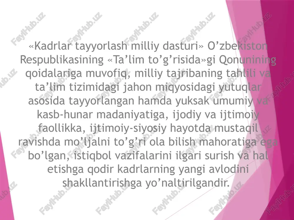 yyorlash milliy modeli va uning mohiyati yoritiladi. milliy modelning o’ziga xos xususiyati mustaqil ravishda to’qqiz yillik umumiy o’rta hamda uch yillik o’rta maxsus, kasb-hunar ta’limini joriy etilishi bilan belgilanadi. bu esa o’z navbatida umumiy ta’lim lasturlaridan o’rta maxsus, kasb-hunar ta’limi dasturlariga o’tilishiga zamin yaratadi1. kadrlar tayyorlash milliy modelining asosiy tarkibiy qismlari quyidagilardan iboratdir: shaxs kadrlar tayyorlash tizimining bosh sub’ekti va ob’ekti, ta’lim sohasidagi xizmatlarning iste’molchisi va ularni amalga oshiruvchidir. shaxs uzluksiz ta’lim jarayonida dunyoviy, ilmiy bilimlarni o’zlashtiradi, fan asoslarini puxta egallaydi, ishlab chiqarish sohalari bilan tanishadi, shuningdek, o’zida ijtimoiy ta’sirlar yordamida ma’naviy-axloqiy sifatlarni tarbiyalab boradi. shaxsda o’zlashtirilgan bilim, faoliyat ko’nikmalari va hayotiy tajriba asosida kasbiy mahorat ham shakllanib boradi. yuksak ma’naviy-axloqiy sifatlar va yuqori darajadagi kasbiy malakaga ega bo’lish uchun shaxs o’z oldiga muayyan maqsadni qo’ya olishi hamda unga erishish yo’lida tinimsiz izlanishi, o’qib-o’rganishi lozim. «kadrlar tayyorlash milliy dasturi»da uzluksiz ta’limni isloh qilish yo’nalishlari ham aniq ko’ratib berilgan. mazkur yo’nalishlar …
