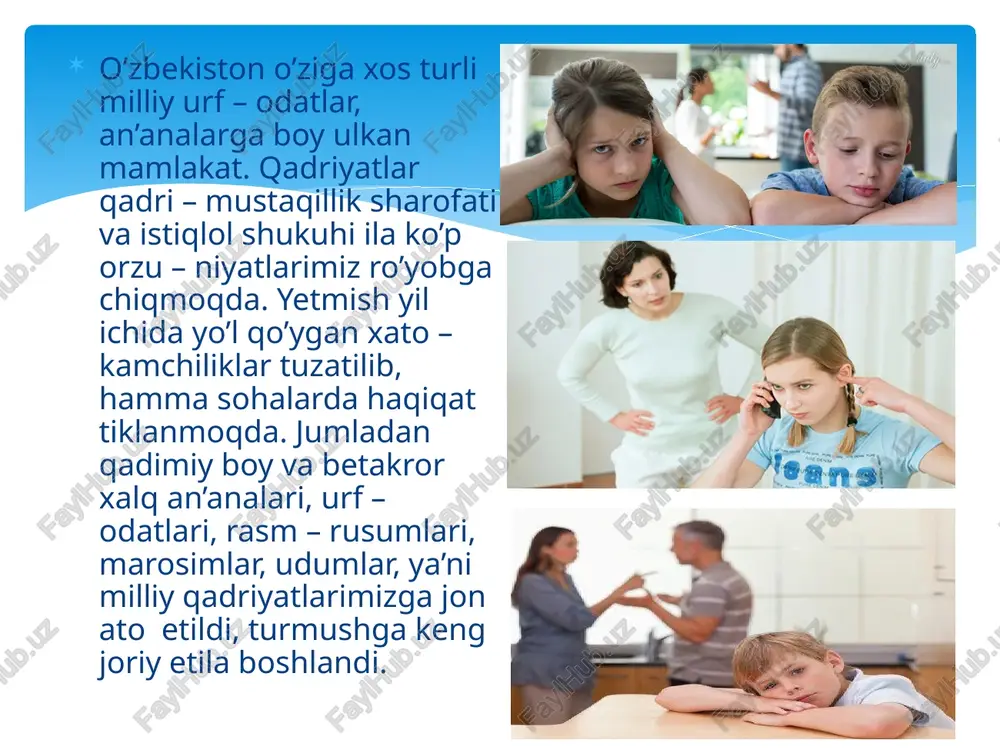 rimizga ham farzand tarbiyalash uchun uning barkamol shaxs bo’lib voyaga yetishida milliy qadriyatlarimiz va an’analarimizni dolzarbligini anglab yetishi lozim. prezidentimiz i.a.karimov «bola tug’ilgan kundan boshlab oila muxitida yashaydi. oilaga xos an’analari, qadriyatlar, urf – odatlar bola zuvalasini shakllantiradi. eng muhimi farzandlar oilaviy hayot maktabi orqali jamiyat talabalarini anglaydi, his etadi» - deb bildirgan fikri nihoyatda qimmatli. i.a.karimov «xalq so'zi» 28 oktyabr 1998y. shu nuqtai – nazardan yondoshgan oilada tarbiya jarayonini bolaning shakllanishi ham milliy oila qadriyatlari asosida tarbiyalashdan aniq ajratib tasavvur etish mumkin emas. milliy oilaviy qadriyatlar oila a’zolari ayniqsa bolalar hayoti tarzida mazmun qo’shadi, boyitadi, takomillashtiradi. odamlarga bo’lgan axloqiy munosabatni tartibga soladi. shunday ekan biz avvalo bolalarni tug’ilgandan boshlab oilaviy an’analar, udum va qadriyatlar asosida tarbiyalashimiz lozim bo’ladi. buning uchun avvalo ota – onalarimiz ham, milliy qadriyat, an’ana urf – odat va marosimlarimizni to’g’ri anglashimiz tushunish va o’z farzandlarining tarbiyasida namunali ravishda qulay bo’lishi lozim. ular farzand tarbiyasida yetarlicha …