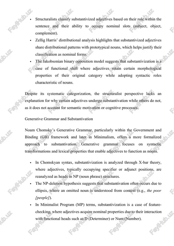 more flexible, usage-based explanation of substantivation, emphasizing conceptual categories, metaphorical extensions, and prototype theory. · according to langacker’s cognitive grammar, substantivation is a result of conceptual reification, where an abstract quality expressed by an adjective is construed as a concrete or collective entity (the beautiful referring to beauty as an abstract concept). · prototype theory, as developed by eleanor rosch, suggests that certain adjectives are more prone to substantivation based on their conceptual salience. for example, adjectives denoting social classes (the poor, the rich) or abstract notions (the unknown, the divine) have a stronger tendency to undergo substantivation due to their frequent categorization in human cognition. · frame semantics (fillmore) and construction grammar (goldberg) propose that substantivation is a function of conventionalized linguistic patterns, where repeated usage in certain syntactic frames leads to entrenchment as nominal expressions. this cognitive approach provides a more nuanced understanding of why certain adjectives are …