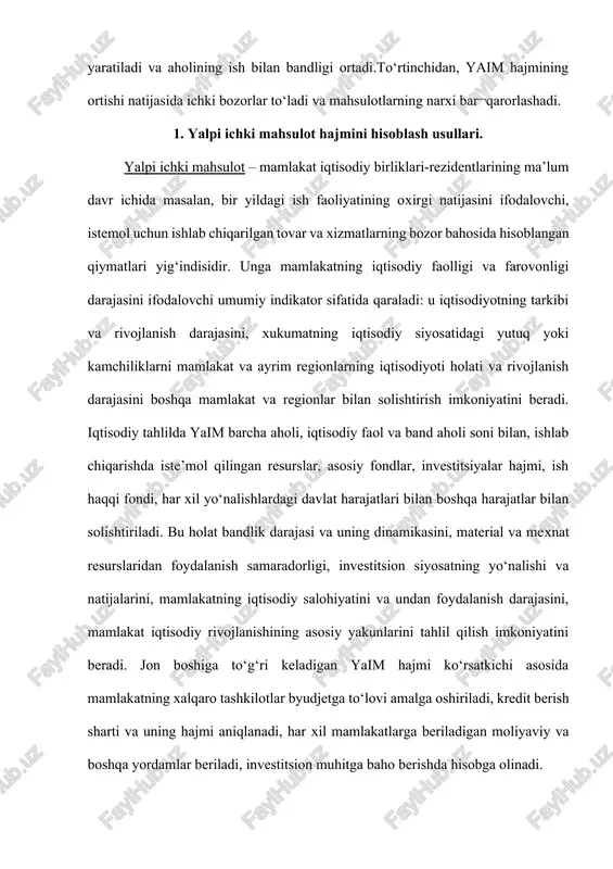 i ifodalaydi. shularga asoslanib, yaim hajmini uch xil usulida aniqlanadi: ishlab chiqarish usuli, oxirgi foydalanish usuli va taqsimlash usuli. yaimni ishlab chiqarish usulida hisoblash. bu usulning mohiyati shundaki, unda yaimga barcha ishlab chiqarish birliklari – rezidentlar (firmalar, kompaniyalar, aktsioner jamiyatlari va boshqa korxonalar va xo‘jalik sub’ektlari)ning yalpi qo‘shilgan qiymat xajmlari yig‘indisi va mahsulotga va importga bo‘lgan sof soliqlar yig‘indisi (mahsulotga soliqlardan subsidiyalar ayriladi) sifatida qaraladi. yalpi qo‘shilgan qiymat hajmini aniqlash uchun yalpi ishlab chiqarish hajmidan (yalpi mahsulot ko‘rsatkichi kabi) oraliq iste’mol hajmi ayriladi. bunda oraliq iste’mol sifatida joriy ekspluatatsion harajatlar (materiallar, xom-ashyo, yoqilg‘i, energiya, yarim fabrikatlar va h.k.) va ko‘rsatilagn xizmatlar uchun to‘lovlar (transport, reklama, yuridik va h.k. xizmatlar)ning yig‘indisi sifatida qaraladi. yalpi ishlab chiqarish ko‘rsatkichini hisoblashda har bir tarmoqning o‘ziga hos hususiyatini e’tiborga olish shart. buning uchun barcha tarmoqlar to‘rtta guruhga bo‘linadi: bevosita moddiy ne’matlarni ishlab chiqaruvchi tarmoqlar; savdo bilan shug‘ullanuvchi tarmoqlar; 3) bozor xizmatlarini ko‘rsatuvchi tarmoqlar; 4) nobozor …