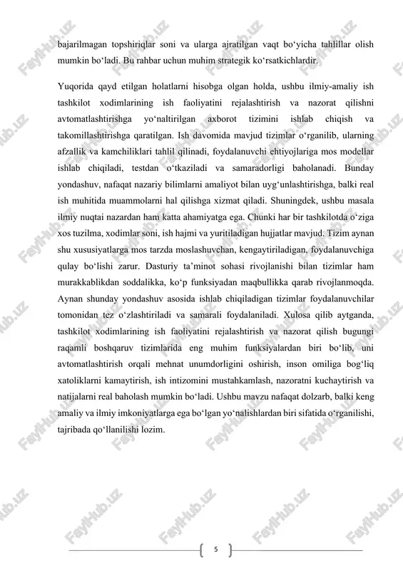 ida ish rejalari va bajarilayotgan vazifalarni qo‘lda yuritish noqulay, sustkashlik va xatoliklarni keltirib chiqaradi. shu sababli, xodimlar ish faoliyatini nazorat qilishda zamonaviy axborot texnologiyalaridan foydalanish dolzarb ahamiyatga ega. xodimlar ishini nazorat qilish texnologiyalari deganda, ularning xizmat vazifalarini rejalashtirish, nazorat qilish, baholash va monitoring qilishga xizmat qiladigan dasturiy vositalar, algoritmlar va tizimlar tushuniladi. bunday texnologiyalar yordamida rahbariyat xodimlarga topshiriqlarni aniq belgilab bera oladi, muddatlarni belgilaydi, bajarilish holatini real vaqt rejimida kuzatadi, statistik tahlillarni amalga oshiradi va ish natijalariga asoslangan holda qarorlar qabul qiladi. bu texnologiyalar inson omiliga bog‘liq bo‘lgan xatoliklarni kamaytiradi, ishda shaffoflikni ta’minlaydi, va xodimlarni yanada mas’uliyatli bo‘lishga undaydi. mazkur texnologiyalar ko‘p hollarda axborot tizimlari yoki dasturiy ta'minot vositalari shaklida joriy qilinadi. ular lokal kompyuter tarmog‘ida ishlovchi dasturlar, bulutli (cloud-based) tizimlar yoki mobil ilovalar ko‘rinishida bo‘lishi mumkin. ushbu texnologiyalar xodimga topshiriqlar ro‘yxatini ko‘rsatadi, ularning bajarilishi haqida eslatmalar beradi, kechikayotgan ishlar haqida ogohlantiradi va rahbarga to‘liq tahliliy ma’lumotlar taqdim etadi. shu …