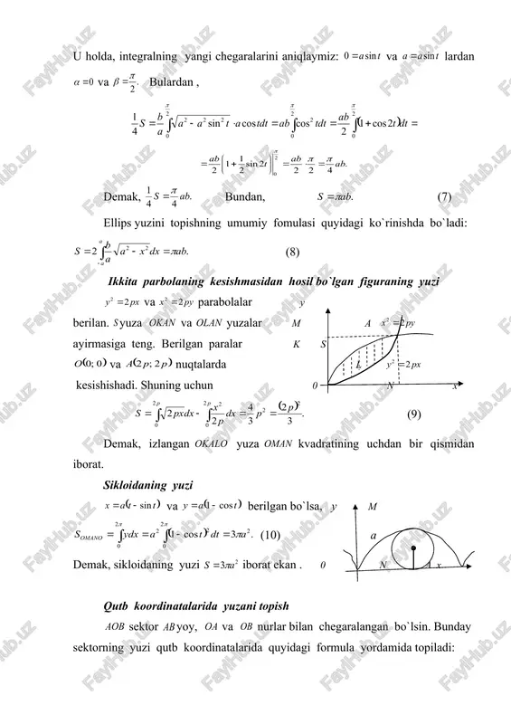 aylanish jismini hajmi formula bilan berilgan egri chiziqning kesmada o`qi atrofida aylanishidan hosil bo`lgan jismning hajmini topish talab qilinsin. y y 0 a x x+h b x aylanish jismini ga perpendikulyar tekislikdar bilan ta bo`laklarga ajratamiz. perpendikulyar tekisliklarning biri 0 nuqtadan masofada, ikkinchi tekislik masofada, keyingisi esa masofada bo`lsin. bunda, - orttirma bo`lib, dir. u holda, jismning birinchi ikki tekislik bilan kesilgan qismining hajmi , undan keyingi qismining hajmi esa dan iborat bo`ladi. birinchi silindrsimon jismning balandligi , asos radiusi ; ikinchisining balandligi ham , asos radiusi u holda, birinchi jism hajmi , ikkinchisiniki esa bo`ladi. ikki silindr orasidagi orttirma hajm dan iborat bo`ladi. ammo hajm va da cheksiz kichik miqdor bo`lib, 0ga intiladi. shuning uchun hajmning differensiali kichik silindrsimon jismning hajmi bo`ladi. buni integrallaymiz: (1) (1) tenglik aylanish jismining hajmini topish formulasidan iborat. 1-misol. asos radiusi va balandligi bo`lgan aylanish paraboloidi segmentining hajmini toping. yechilishi: ma`lumki, parabola tenglamasi bo`lib, …