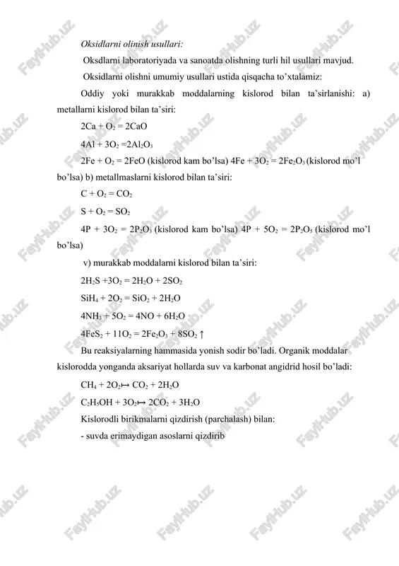 o3)2 + mn(no3)4 + 4h2o kislotali oksidlarning kislotalar bilan ta’sirlanishlari kam mos: sio2 + 4hf = sif4 ↑ + 2h2o 2hno3 + p2o5 = n2o5 + 2hpo3 asoslarga bo’lgan munosabatlari: kislotali oksidlar odatdagi sharoitda ishqorlar bilan birikib tuz va suv hosil qiladilar: so3 + 2koh = k2so4 + h2o p2o5 + 3ca(oh)2 = ca3(po4)2 + 3h2o co2 + 2koh = k2co3 + h2o asoslar bilan suyuqlantirilganda ta’sirlashib tuz va suv hosil qiladilar: sio2 + ca(oh)2 =t0 casio3 + h2o sio2 + zn(oh)2 =t0 znsio3 + h2o agar oksid ko’p negizli kislota angidridi bo’lsa va oksid mo’l bo’lganda nordon tuz hosil bo’lishi mumkin. bunda suv molekulasi ham yutilishi yoki chiqishi mumkin: koh + co2 = khco3 mo’l 2ca(oh)2 + p2o5 = 2cahpo4 + h2o ca(oh)2 + p2o5 + h2o= ca(h2po4)2 ishqoriy va ishqoriy – er metallarining oksidlari suyuqlantirilganda amfoter oksidlar bilan ta’sirlashib tuz va suv hosil qiladilar: li2o + 2al(oh)3 =t0 …