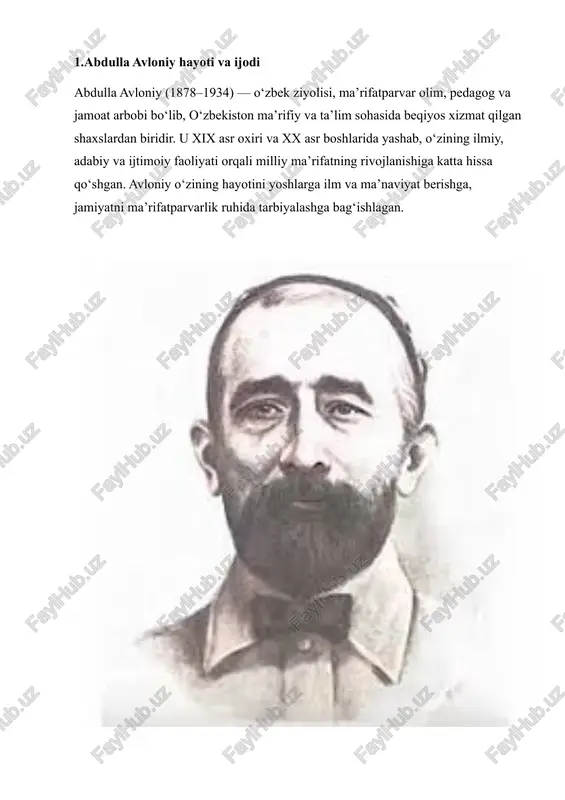 ni tarbiyalash, ularni milliy va ma’naviy qadriyatlar bilan tanishtirishga intilgan. 2.3. avloniy ijodining ahamiyati abdulla avloniy ijodi zamonaviy ta’lim va tarbiyada ham katta ahamiyatga ega. u yoshlarga ilm olish, kitobga muhabbat, mehnatsevarlik, milliy va ma’naviy qadriyatlarni hurmat qilishni o‘rgatgan. uning asarlari orqali o‘quvchilar faqat akademik bilim bilan emas, balki axloqiy, ma’naviy va ijtimoiy jihatdan ham rivojlanadi. shu sababli, avloniy ijodi nafaqat o‘tmishdagi, balki hozirgi zamon tarbiyaviy jarayonlari uchun ham dolzarbdir. 2.tarbiya masalasi avloniy asarlarida abdulla avloniy ijodida tarbiya masalasi markaziy o‘rin egallaydi. u tarbiyani nafaqat bilim berish jarayoni, balki shaxsning ma’naviy, axloqiy va ijtimoiy jihatdan rivojlanishi sifatida ko‘rgan. avloniy tarbiyani keng qamrovli tushunchada yoritib, uni bir necha asosiy yo‘nalishda tahlil qilgan: milliy tarbiya, ilm-fan va ma’rifat, ayollar tarbiyasi va shaxsiy axloqiy rivojlanish. 2.1. milliy tarbiya va ma’naviyat avloniy uchun milliy tarbiya eng muhim masala bo‘lgan. u yoshlarni milliy qadriyatlarni hurmat qilishga, tarixiy va madaniy merosni bilishga va asrashga chaqirgan. avloniy …