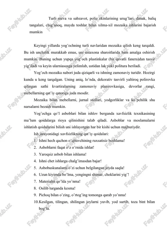 ’och taxtaga yopishtirib tasvir hosil qilinadi. keyin shu tasvir tegishli joyga ko’chiriladi. mozaikaning qadimgi sharq mamlakatlarida keng tarqalgani ma’lum. antik davr va o’rta asrlarda vizzantiya, italiya, gruziyada xv-xvi asrlarda sharqda, jumladan, hozirgi o’rta osiyo teritoriyasida rivoj topgan. samarqand, buxoro,xiva kabi yirik shaharlarda mozaika usulidan jozibador koshinkori yozuv va naqshlar ishlangan binolar, minoralar saqlangan. applikatsiya ishlarini bajarilishi va uning turlari. 1. applikatsiyaning turlari. gyometrika shaklli applikatsiya. 2. gyometrik figuralardan predmetli applikatsiyalar. 3. badiiy applikatsiyalar. ko’p rangli applikatsiyalar haqida tushuncha. 4. applikatsiyaning materiallari haqida tushuncha. applikatsiya sa’nati qadimgi zamon xalklari o`z turmush tarzini bezashda applikatsiyalardan keng foydalanganlar. qog’ozlar applikatsiyalar bilan gilamlarni, tatarlar yumshoq charm etiklarini, shimol xalqlari charmdan tikilgan kiyimlarni turli xil naqshlar bilan bezatganlar. ruslar gazlamalarda applikatsiyalardan keng foydalanganlar. rassomlar ham o`z ishlarida applikatsiyalardan foydalanganlar. qadimgi o`zbek xalqi amaliy san’atida ham applikatsiyalar katta rol o`ynab kelmoqtsa. xalq amaliy bezak san’atlari bo`lgan kashtachilikda applikatsiyalar keng foydalanilgan va foydalanib kelinmokda. applikatsiyalar asosga turli …