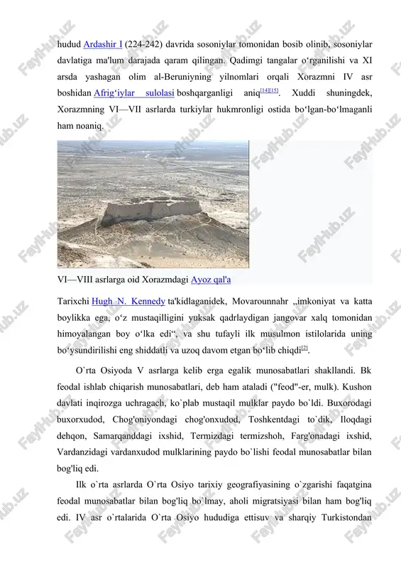 armida sirdaryodan to amudaryogacha bo`lgan hududda o`z davlatini barpo etdilar. v asrning 20 yillarida esa xorazm va amudaryo xavzasiga sharq tomondan yana bir ko`chmanchilar, kushonlarning avlodi bo`lmish toxarlar kirib keldi. ular so`g'd erlarini tez orada ishg'ol etishib kidariylar (hukmdor nomidan kelib chiqqan) davlatiga asos soldilar. balx shahri kidariylarning poytaxtiga aylandi. kidariylar o`z hududlarini janub tomonga kengaytirishga uringanligi uchun sosoniylarning asosiy dushmanlariga aylandi. kidariylar o`z hududlarini janub tomonga kengaytirishga urunganligi uchun sosoniylarning asosiy dushmanlariga aylangan. keyinchalik tolikon yaqinida kidariylar va sosoniylar o`rtasida chegara belgilangan (456 yilgi jangdan keyin kidariylar tushkunlikka yuz tutganlar). v asr o`rtalarida o`rta osiyoga yana bir ko`chmanchiqabila-eftallar shimol tomondan kirib keldilar va kidariylarni janubga-hindistonga ketishga majbur qildilar. vaxshunvor boshchilik qilgan eftal davlati birin-ketin chog'oniyon, toxariston va badaxshonni zabt etadi. eftallar tolikon yaqinidagi chegaradan ham o`tib vi asr boshlarigacha qobul, panjob, qarashar, kuchu, qoshg'ar va xo`tanni ham zabt etib o`rta osiyo, sharqiy eron, shimoliy hindiston va sharqiy turkistonni birlashtirgan …