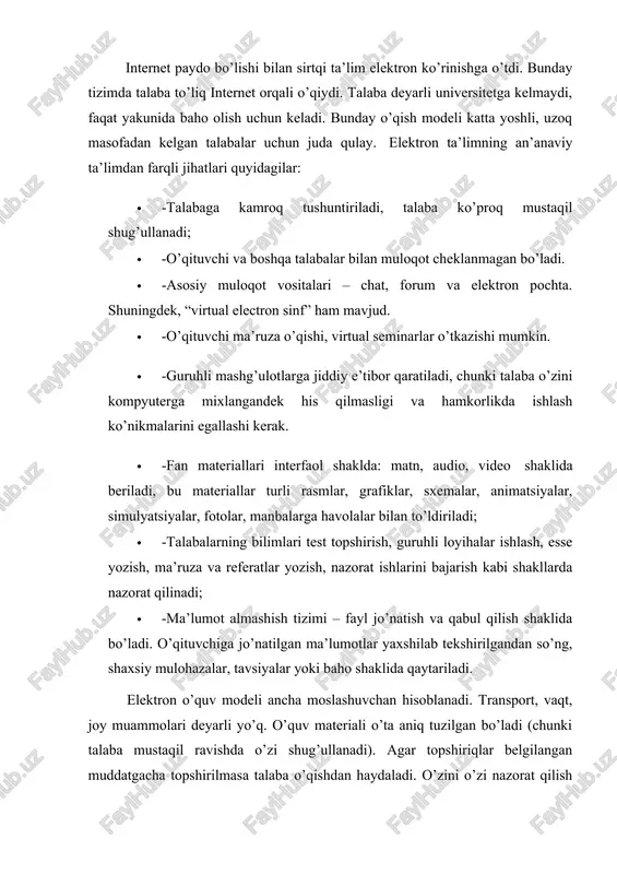 ar, blended learningning o’ta moslashuvchan tizim ekanligini ko’rsatmoqda. demak, talaba 2-sentabrda darsga kelib o’qituvchi bilan ko’rishadi va fanning kirish darsida ma’lumotlarni electron shaklda oladi. adabiyotlar ro’yxati o’rniga web-sayt manzilini hamda login va parollarni oladi. ma’ruza darsida ma’lumotlar qisqa beriladi va havola etilgan manbalarda juda ko’plab qiziqarli materiallar, sinov va imtixonlarni topshirish uchun zarur topshiriqlar bo’ladi. ma’ruzalar asosan powerpoint taqdimotlari shaklida bo’ladi. darslarning bir qismi on-line rejimida bo’ladi. bunday materiallarni talabalar yakka tartibda mustaqil yoki guruh bo’lib o’zlari o’zlashtirishlari zarur bo’ladi. on-line darslar savol-javob tarzida bo’lishi mumkin. ishlangan ma’lumotlar o’qituvchiga fayl tarzida yuboriladi va o’qituvchi tomonidan baholanib qaytariladi. muddatidan kechikkan ishlarni o’qituvchi qabul qilmaslikka haqlidir. nazorat ishlari o’qituvchi nazorati ostida ham o’tkazilishi mumkin. yakuniy imtixonlar sinfda o’tkaziladi. xullas, blended learning talabalarni o’z faoliyatini tashkil qilishga o’rgatadi. “faol talaba” tushunchasi va o’zlashtirishni baholash faol talaba (active student) tushunchasi blended learning tuzilmasining eng zarur elementi hisoblanadi. hozirda bunday atama bilan evropada blended learning …