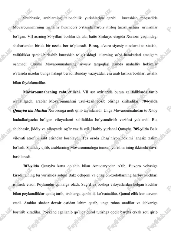 a bo`shatib berishga majbur edilar. qutayba buxoro shahrining ibodatxonasini jome masjidga aylantirib, sug`diy tili va xadita bitilgan “otashparastlikka” oid asarlarni yoqotadi. ibodat qilish uchun masjidga qatnagan mahalliy aholining har biriga ikki dirhamdam pul hadya qilib, ularni islom diniga tortishga harakat qildi. manbalarda ta`kidlanishicha, ikki dirham olish uchun ko`proq kambag`allargina qiziqar edilar. ammo boylar pulga ham qiziqmas va masjidga ham bormasdilar. 710-yilda qutayba shuman, nasaf va keshni bosib olib, samarqandga hujum boshlash uchun tayyorgarlik ko`rardi. biroq, xorazmda boshlangan ichki ziddiyatlar oqibatida yuzaga kelagan qulay fursat qutaybani sug`d yurishini kechiktirib, xorazmga qo`shin tortishga jalb etadi. xorazm shohi chag`on va hurzod boshliq xalq qo`zg`alonidan qo`rqib, 711-yilda yordam sorab qutaybaga murojaat qiladi. garchi dushman qo`li bilan hurzod tor-mor qilinib, o`ldirilsa-da, ammo xorazmshoh bundan hech narsa yutmaydi. aksincha, u o`z mustaqillgini yo`qotib, xalifalikni bojdoriga aylanadi. uning qo`shini esa qutaybaning harbiy yurishlarida ishtirok etishga majbur edilar. sug`d yurishi. 712-yilda qutayba arablardan tashqari buxoro va xorazm qo`shinlari …