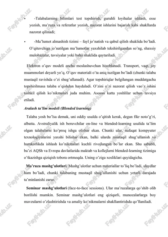 a fanning kirish darsida ma’lumotlarni electron shaklda oladi. adabiyotlar ro’yxati o’rniga web-sayt manzilini hamda login va parollarni oladi. ma’ruza darsida ma’lumotlar qisqa beriladi va havola etilgan manbalarda juda ko’plab qiziqarli materiallar, sinov va imtixonlarni topshirish uchun zarur topshiriqlar bo’ladi. ma’ruzalar asosan powerpoint taqdimotlari shaklida bo’ladi. darslarning bir qismi on-line rejimida bo’ladi. bunday materiallarni talabalar yakka tartibda mustaqil yoki guruh bo’lib o’zlari o’zlashtirishlari zarur bo’ladi. on-line darslar savol-javob tarzida bo’lishi mumkin. ishlangan ma’lumotlar o’qituvchiga fayl tarzida yuboriladi va o’qituvchi tomonidan baholanib qaytariladi. muddatidan kechikkan ishlarni o’qituvchi qabul qilmaslikka haqlidir. nazorat ishlari o’qituvchi nazorati ostida ham o’tkazilishi mumkin. yakuniy imtixonlar sinfda o’tkaziladi. xullas, blended learning talabalarni o’z faoliyatini tashkil qilishga o’rgatadi. “faol talaba” tushunchasi va o’zlashtirishni baholash faol talaba (active student) tushunchasi blended learning tuzilmasining eng zarur elementi hisoblanadi. hozirda bunday atama bilan evropada blended learning tizimida o’qiydigan talabalarni atashadi. bunday modellarda o’qiydigan talabaning faoliyati taxminan 50% mustaqil ishdan (materialni o’zlashtirish, forum …