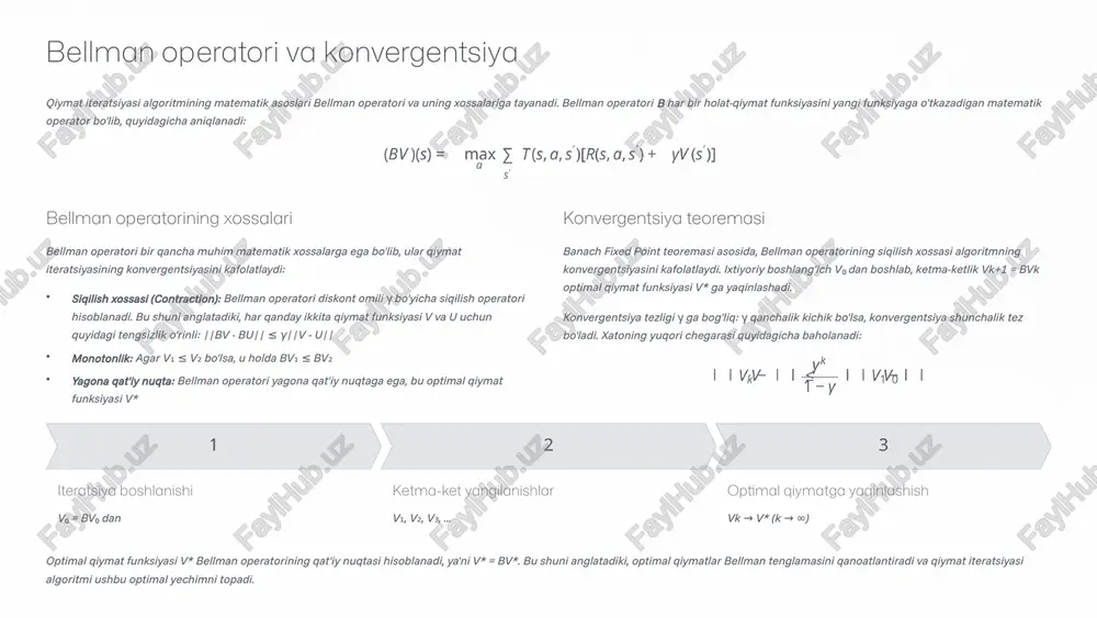 mat iteratsiyasi algoritmini labirint misoliga qo'llab, quyidagi natijalarni oldik. grafik va vizualizatsiyalar algoritmning qanday ishlashini va optimal siyosatni topish jarayonini ko'rsatadi. grafik qiymatlarning iteratsiyalar davomida qanday o'zgarishini ko'rsatadi. biz ko'rishimiz mumkinki, dastlabki iteratsiyalarda qiymatlar tez o'zgaradi, keyin esa o'zgarishlar sekinlashadi va konvergentsiyaga yaqinlashadi. optimal yo'l uzunligi agent optimal siyosatni qo'llab, o'rtacha 8-9 qadamda chiqishga yetib boradi. bu eng qisqa va xavfsiz yo'l hisoblanadi. siyosat tuzilmasi har bir holatda aniq harakat belgilangan: chapki yuqori burchakdan boshlab, agent dastlab o'ngga, keyin pastga harakatlanadi va to'siqlardan qochadi. xavfsizlik optimal siyosat to'siqlarga urilish ehtimolini minimallashtirishga yo'naltirilgan. stoxastik muhit hisobga olingan. iteratsiyalar soni va samaradorlik algoritmning konvergentsiyasi 15 iteratsiyadan keyin yetarlicha aniq natijalarni berdi. qiymatlar o'zgarishi 0.1 dan kam bo'lganda, algoritm to'xtatildi. jami iteratsiyalar: 15 hisoblash vaqti: bir necha millisekundlar xotiradagi joy: o(n) — holatlar soniga proportsional optimal siyosatning afzalliklari topilgan siyosat nafaqat eng qisqa yo'lni ko'rsatadi, balki muhit noaniqligini ham hisobga oladi: to'siqlardan xavfsiz …