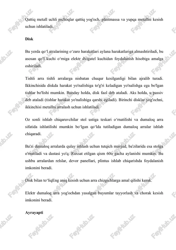 oyilligi bilan ajralib turadigan maxsus fayllar yordamida chinni, yog'och, metall, osb, plastmassani kesishingiz mumkin. bu turdagi jigsalar urish tezligi, kesish chuqurligi va quvvati bilan ajralib turadi. tasma tarmoqli arra jigsaning davomi. uning tuvali yopiq va elektr motor tomonidan boshqariladigan tishlari bo'lgan lenta bilan ifodalanadi. jigsa bilan solishtirganda, u kesishning aniqligi va tozaligini ta'minlaydi. kesish chuqurligi 8-50 sm bo‘lishi mumkin.. na dumaloq arra, na jigsa tarmoqli arra bilan maksimal kesish chuqurligiga erisha olmaydi. kuyidagi tarmoqli arra turlari ajratiladi: · ishlab chiqarish materialiga ko'ra - uglerod va qotishma arra. ikkinchisi xarakterlidiraşınma qarshilik ortdi. · tishlarni ishlab chiqarish va qotib olish texnologiyasiga koʻra, tasmalar tishli qattiqlashtirilmagan va kesilgan qotib qolgan tishli arra pichoqlariga boʻlinadi. birinchi arralar arzon va har xil qoʻshimchalarga ega boʻlgan yogʻochni kesish imkonini beradi. bu erda past tezlik va kichik hajmdagi ishlar qo'llanilishi mantiqan. ikkinchi arra yuqori narxga ega, lekin ayni paytda yuqori aşınma qarshilikka ega. shaklli kesish uchun 3/8 …