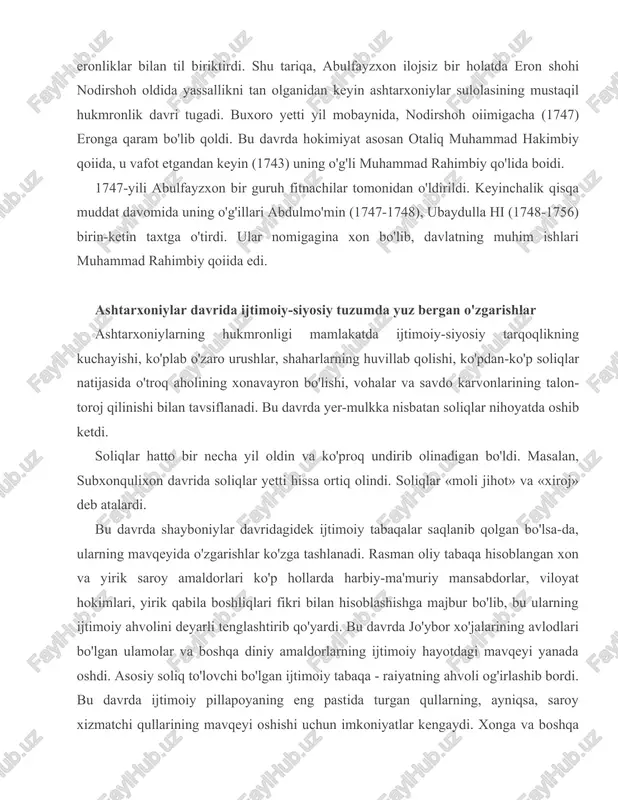 g mavqeyida o'zgarishlar ko'zga tashlanadi. rasman oliy tabaqa hisoblangan xon va yirik saroy amaldorlari ko'p hollarda harbiy-ma'muriy mansabdorlar, viloyat hokimlari, yirik qabila boshliqlari fikri bilan hisoblashishga majbur bo'lib, bu ularning ijtimoiy ahvolini deyarli tenglashtirib qo'yardi. bu davrda jo'ybor xo'jalarining avlodlari bo'lgan ulamolar va boshqa diniy amaldorlarning ijtimoiy hayotdagi mavqeyi yanada oshdi. asosiy soliq to'lovchi bo'lgan ijtimoiy tabaqa - raiyatning ahvoli og'irlashib bordi. bu davrda ijtimoiy pillapoyaning eng pastida turgan qullarning, ayniqsa, saroy xizmatchi qullarining mavqeyi oshishi uchun imkoniyatlar kengaydi. xonga va boshqa yirik saroy amaldorlariga tegishli bo'lgan qullar, ba'zi hollarda o'z salohiyati bilan saroydagi yirik amaldorlar qatoridan o'rin olishga ham muvaffaq bo'lgan. ko'pgina xonlarning shaxsiy qo'riqchilari qullardan iborat bo'lib, bu ularning saroydagi mavqeyini oshirib turardi. ashtarxoniylar davlat tuzumi o'z tuzilishi, mohiyatiga ko'ra shayboniylar davlat tuzumidan deyarli farq qilmas edi. xon rasman oliy hokimiyat boshlig'i bo'lib, davlatning ichki va tashqi siyosatiga bog'liq barcha masalalar uning ixtiyori bilan hal qilinardi. barcha oliy …