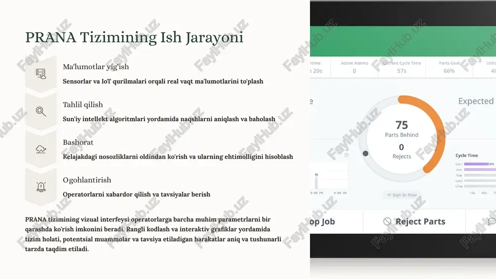 irilgan va sun'iy intellekt bilan jihozlangan prognozika tizimlaridan foydalanadi." - jahon iqtisodiy forum ma'lumotlari xulosa: raqamli transformatsiya davri samaradorlik ishlab chiqarish jarayonlarini optimallashtirish va resurslardan maksimal foydalanish prognozlash muammolarni ularning yuzaga kelishidan oldin aniqlash va oldini olish xavfsizlik iqtisodiy, texnik va ekologik xavfsizlikni ta'minlash innovatsiya sun'iy intellekt va zamonaviy texnologiyalar orqali doimiy takomillashtirish prognostika va xatolarga bardoshli nazorat tizimlari zamonaviy sanoatning ajralmas qismi bo'lib, ular ishlab chiqarish samaradorligini oshirish, xarajatlarni kamaytirish va xavfsizlikni ta'minlashda kalit rol o'ynaydi. sun'iy intellekt, mashinali o'rganish va iot texnologiyalarining integratsiyasi bu sohadagi inqilobni davom ettirmoqda. kelajakda bu tizimlar yanada murakkab va avtonom bo'lib, sanoat korxonalari uchun raqobatbardoshlikning muhim omliga aylanadi. o'zbekiston sanoatini modernizatsiya qilish va raqamlashtirish jarayonida bunday tizimlarni joriy etish muhim ustuvor yo'nalish hisoblanadi. foydalanilgan adabiyotlar asosiy manbalar isermann, r. "fault-diagnosis systems: an introduction from fault detection to fault tolerance" (2006) blanke, m., et al. "diagnosis and fault-tolerant control" (3rd ed., 2016) ding, s.x. …