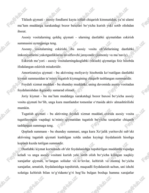 soblanadi: 1) i yanvar xolati bo‘yicha kayta baxolangan, korxona balansida hisobda bulgan asosiy vositalar uchun — ularning hisobda aks ettirilgan tiklash qiymati; 2) kapital qo‘yilmalar hisobdan kurilgan yoki sotib olingan asosiy vositalar uchun inventar kiymat quyidagilardan iborat buladi: a) bino va inshootlar uchun - ob’ektni kurish bo‘yicha kurilish va montaj ishlari xarajatlaridan, loyixaqidiruv ishlari va ob’ekt inventar qiymatiga kushilishi lozim bulgan boshqa xarajatlardan; b) montaj talab kiluvchi uskunalar uchun - suyanch yoki asosiy kurish, montaj xarajatlaridan va loyixa kidiruv ishlari hamda ob’ekt inventar qiymatiga kushilishi lozim bulgan boshqa xarajatlardan; v) montaj talab kilinmaydigan uskunalar uchun - keltirish hamda sotib olish bo‘yicha xarajatlardan; g) korxonaga bepul kabul kilingan obxeyuglar uchun asosiy vosita ob’ektini kabultopshirish hujjatida ko‘rsatilgan qiymati bo‘yicha; d) korxona sotib olgan, avval foydalanishda bulgan ob’ektlar uchun sotish xaqidagi hujjatda ko‘rsatilgan ob’ektni sotib olish bo‘yicha eskirish summasi kushilgan xolda sotib olish, keltirish bo‘yicha va ob’ektni sotib olish bilan bog‘liu boshqa xarajatlar. …