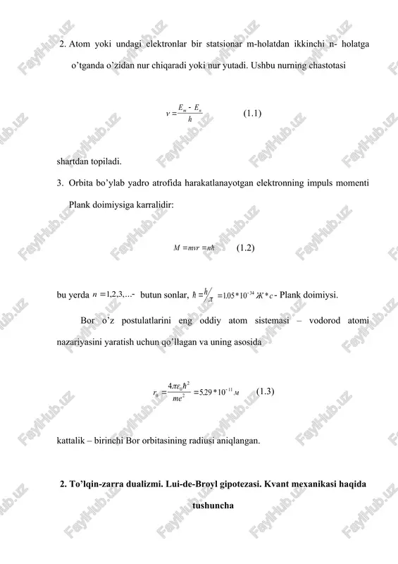 yinroq atom yadrosi proton va neytronlardan tuzilgan deb, ularni birgalikda nuklonlar deb nomlandi. yadrodagi nuklonlar soni a yadroning massa soni bo’lib, neytronlar soni (4.1) dan topiladi, bunda z - protonlar soni. yadroni belgilash uchun zxa belgilash ishlatiladi. yadrodagi protonlar soni o’zgarmaydigan yadrolar guruhiga izotoplar deyiladi. masalan: 1h1, 1h2, 1h3. yadrodagi neytronlar soni o’zgarmaydigan yadrolar guruhiga izotonlar deyiladi. masalan: 1h3, 2he4, 3li7, 4be8. massa soni o’zgarmasdan qoladigan yadrolar guruhiga izobarlar deyiladi. masalan: 1h3, 2he3, 18az40, 20ca40. 5. yadroning bog’lanish va solishtirma bog’lanish energiyasi. yadro kuchlari yadroning massalarini eng aniq o’lchash natijalari shuni ko’rsatadiki, yadrroning tinchlikdagi massasi m uni tashkil qilgan protonlar bilan neytronlarning tinchlikdagi massalari yig’indisidan hamisha kichik bo’ladi: . (5.1) yadroni alohida nuklonlarga to’liq ajratish uchun zarur bo’lgan energiya yadroning bog’lanish energiyasi deyiladi va u quyidagi ifodadan topiladi: (5.2) bunda - massa defekti deb ataladi va u (5.3) dan topiladi. (5.3) dan foydalanib (5.2) ni ko’rinishini (5.4) ga o’zgartiramiz. bitta …