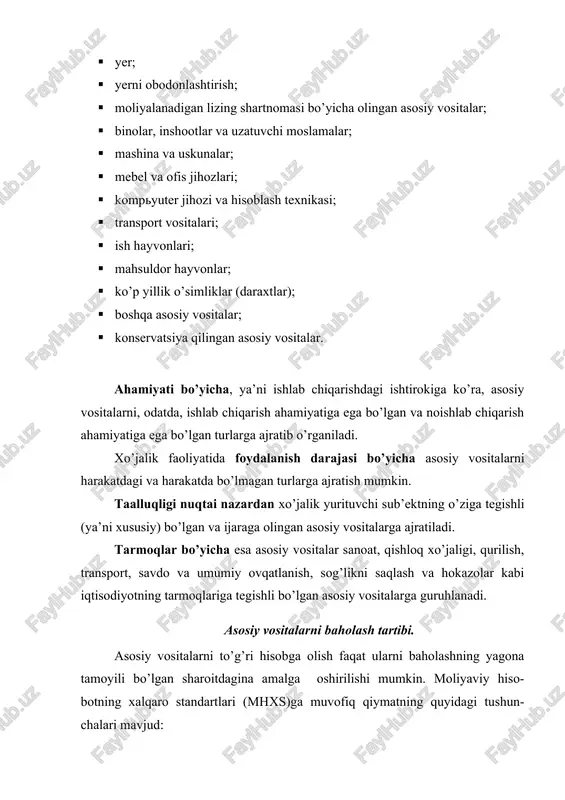 a ma’lum davrda qayta baholanadi. qayta baholash o’zbekiston respublikasida hukumat qaroriga muvofiq amalga oshiriladi. qayta baholash natijasidan keyingi asosiy vositalar qiymati qayta tiklash qiymati deb ataladi. bunday qayta baholashlar bizni mamlakatimizda 1925, 1945, 1960, 1972, 1992, 1995, 1997 va 2001, 2003 yillarda o’tkazilgan. qayta baholash amalga oshirilgan fursatdan boshlab ob’ektning qayta tiklash bahosi uning bosh-lang’ich qiymati hisoblanadi. joriy qiymat - bu ma’lum sanada amal qilayotgan bozor baholari bo’yicha asosiy vositalarning qiymati yoki o’zaro manfaatdor tomonlar o’rtasida aktivlar-ni almashtirish mumkin bo’lgan summadir. asosiy vositalar ishlatilishi jarayonida eskiradi va buning oqibatida esa uning boshlang’ich qiymati kamayib boradi. asosiy vositalarni o’z texnik-iqtiso- diy sifatlarini sekin-asta yo’qotib borishini pul ko’rinishida ifodalanishi ularni eskirishi deb aytiladi. qoldik qiymat - asosiy vositalarning boshlang’ich qiymati yoki joriy qiymatidan to’plangan eskirish summasini ayirmasidan keyingi hisobotda aks ettiriladigan qiymatdir. tugatish qiymati - bu asosiy vositalarning foydali xizmat qilish muddati oxirida asosiy vositalarni tugatishda paydo bo’ladigan qiymatdan taxmin qi-linayotgan chiqib …