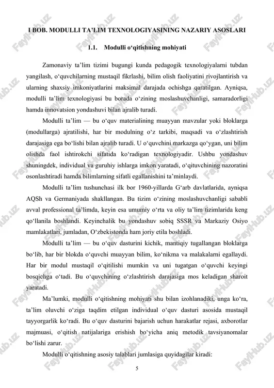 sad belgilashni; — modul bir va bir necha didaktik maqsadga erishishni ta’minlashga qaratilishi; — modullar mazmuni mustaqil fikrlash, mantiqiy o‘ylash va amaliy faoliyatga yo‘naltirilgan bo‘lishi; — kasbiy-ijodiy fikrlashni rivojlantirish maqsadida modulning o‘quv materiali mazmuni muammoli tarzda berilishiga erishish shular jumlasidandir. modulli o‘qitishda ta’lim oluvchilarning bilim, malaka, ko‘nikmasi qat’iy ravishda nazoratning reyting tizimida baholanishini zaruriyat qilib qo‘yadi. har bir modul bo‘yicha tayyorlanadigan o‘quv materiallari o‘z ichiga o‘qish davrini to‘liq qamrab olgan modulli dastur, har bir modul bo‘yicha nazariy materiallar (ma’ruza), o‘quv-uslubiy tarqatma materiallar, har bir modul bo‘yicha individual topshiriqlar, o‘quv ilmiy adabiyotlar ro‘yxati, har bir modul bo‘yicha mustaqil ishlar uchun topshiriqlar va har bir modul bo‘yicha nazorat topshiriqlarini qamrab oladi. redagogik ta’lim tizimida modulli o‘qitishning joriy etilishi malakali pedagok kadrlarni tayyorlash samaradorligini oshirishga yordam beradi. har qanday tizimga joriy etilgan yangilikning samarasi uning ishtirokchilari tomonidan puxta o‘zlashtirib olingan taqdirdagina o‘zining natijasini berishi mumkin. shu bois pedagogik ta’limni modulli o‘qitish asosida tashkil …